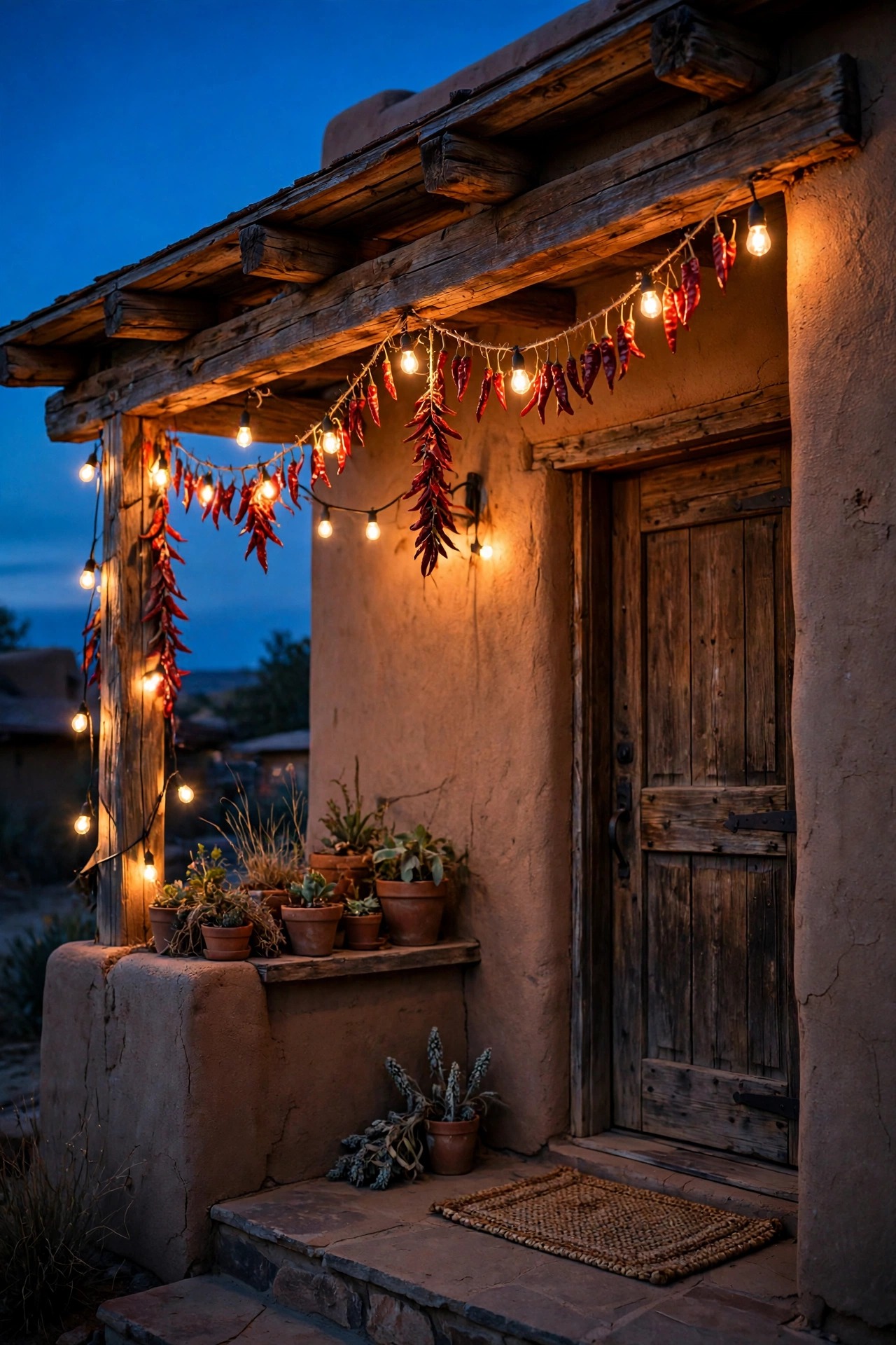 Glowing red ristra-style string lights and warm bulbs hanging under a rustic wooden porch beam beside the front door of an adobe home at dusk