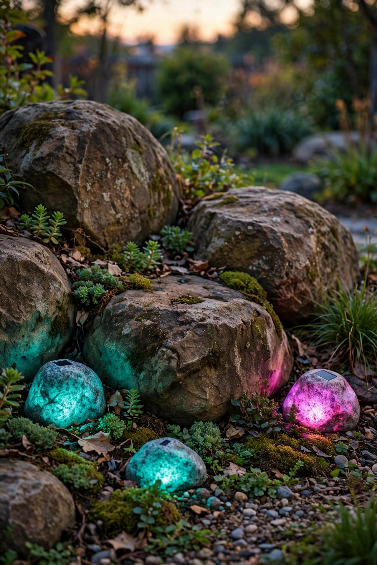 Color changing solar rock lights glowing teal and magenta at the base of garden boulders
