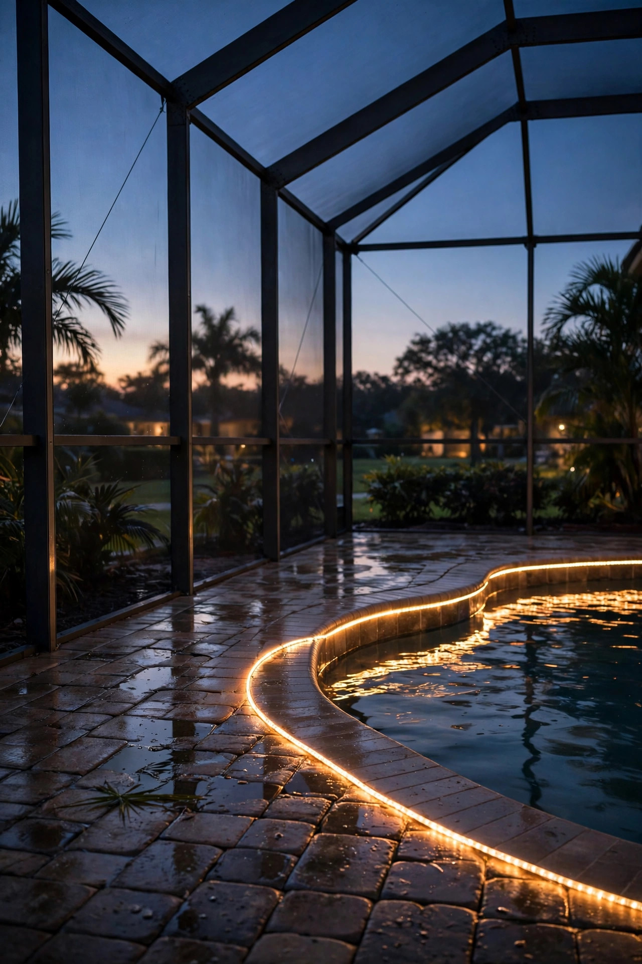 Thin warm rope light tracing the edge of a pool deck inside a screen cage at night, reflecting on wet pavers