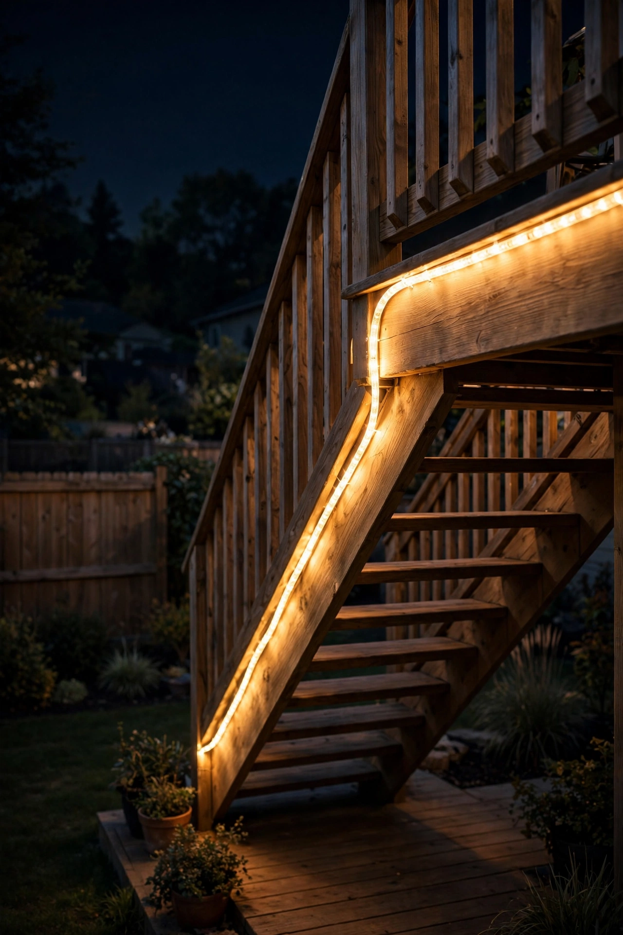 Warm LED rope light glowing along the underside of a deck stair railing
