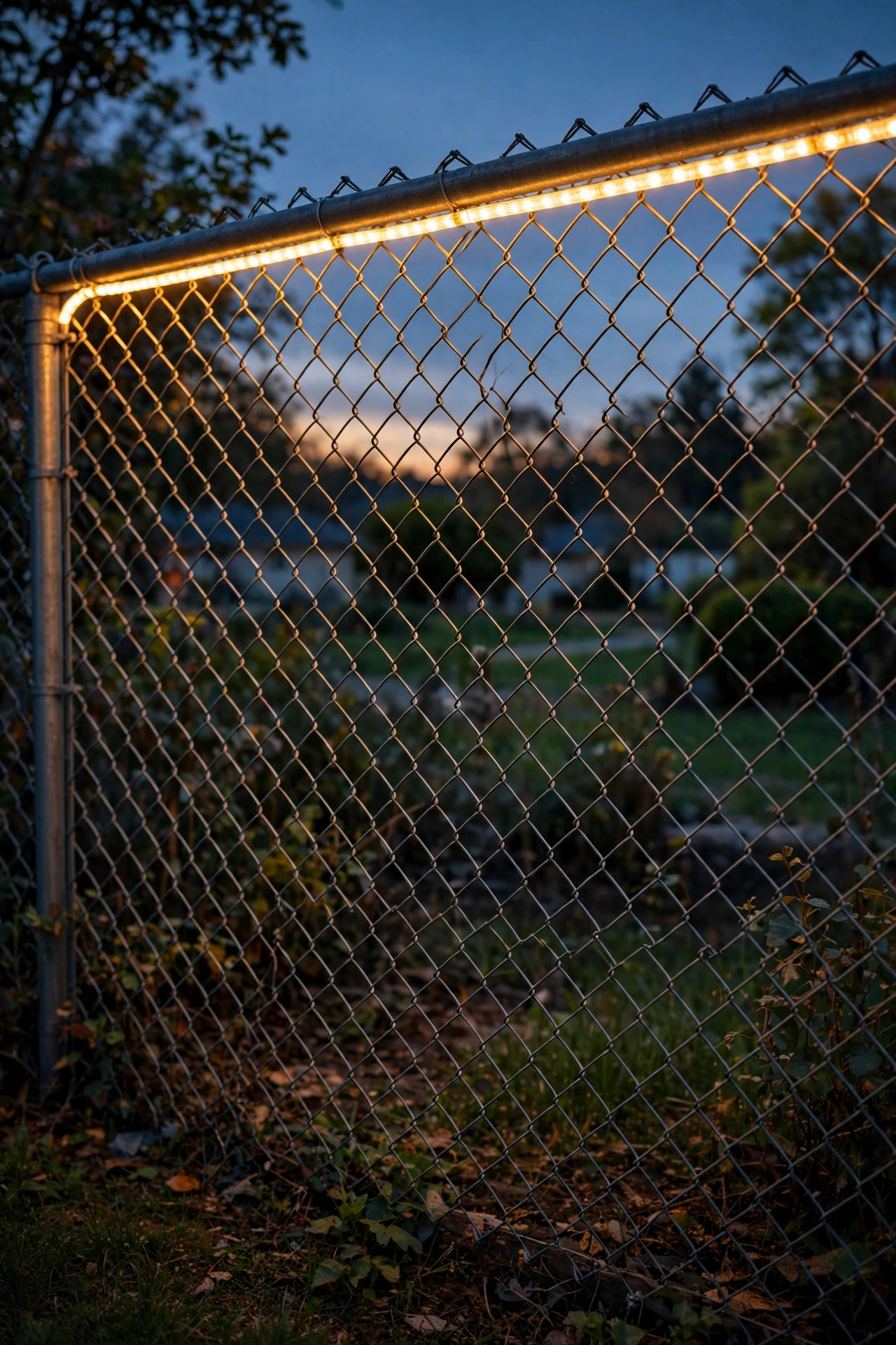Warm LED rope light mounted under the top rail of a chain-link fence creating a clean glowing line at dusk