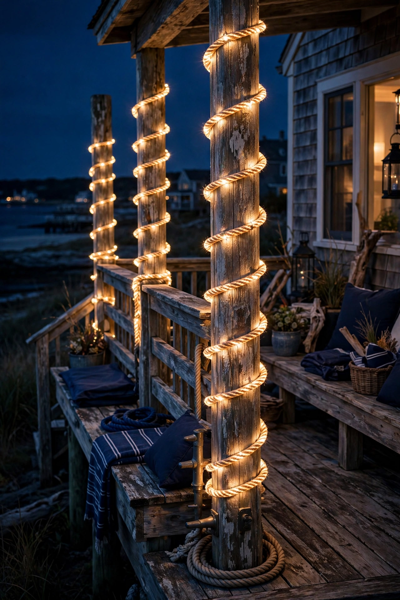 Deck posts wrapped in glowing rope lights with a nautical coastal feel at night