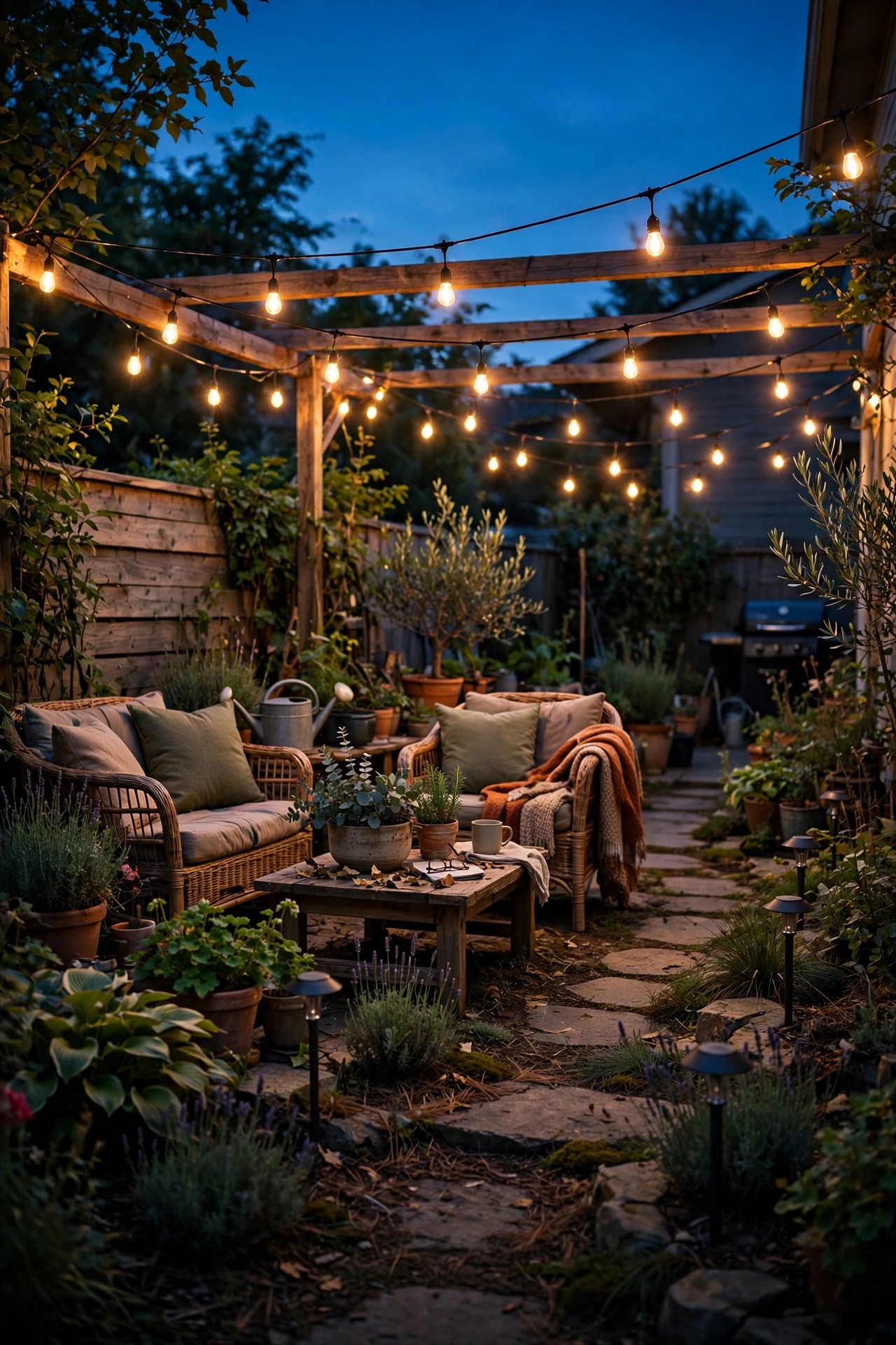Suburban backyard with patio string lights lit one evening while garden path lights rest dark, natural lived-in variety