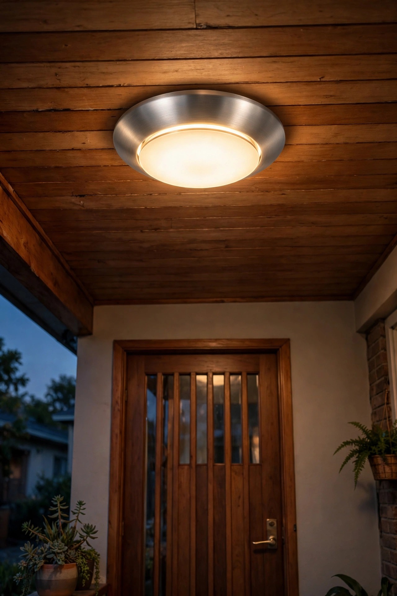 Brushed aluminum flying saucer flush mount ceiling light glowing on a low mid-century porch ceiling above a front door at dusk