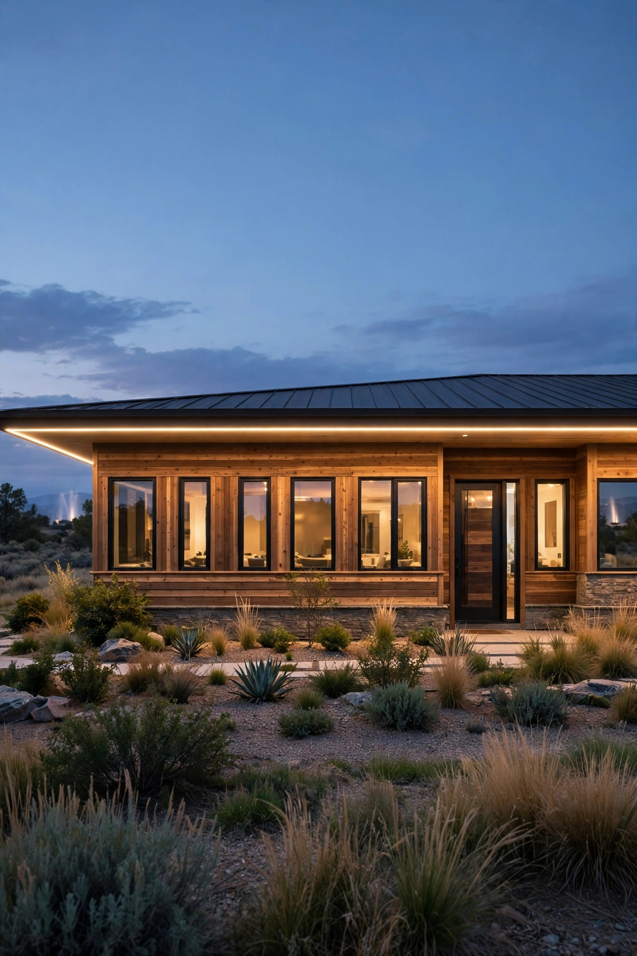 Forty-foot ranch house facade at dusk lit by one continuous seamless run of connected linear LED wash bars