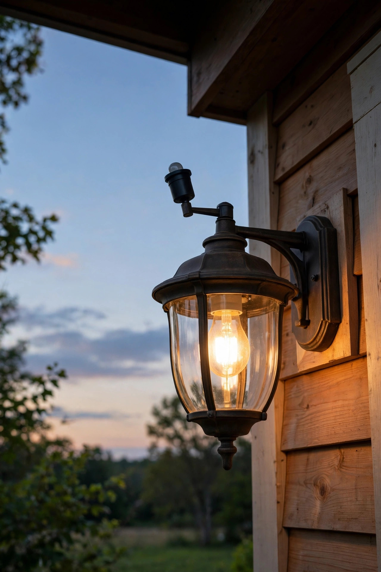 Photocell sensor mounted on a porch fixture with a clear view of open sky, positioned away from the bulbs own glow and the porch roof shadow