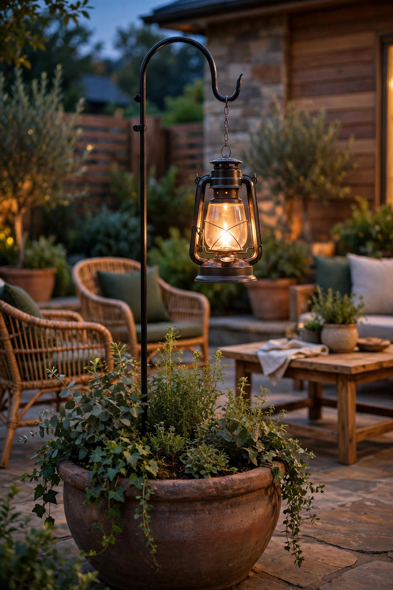 Shepherd's hook standing in a large planter with a warm hanging lantern over a patio seating area