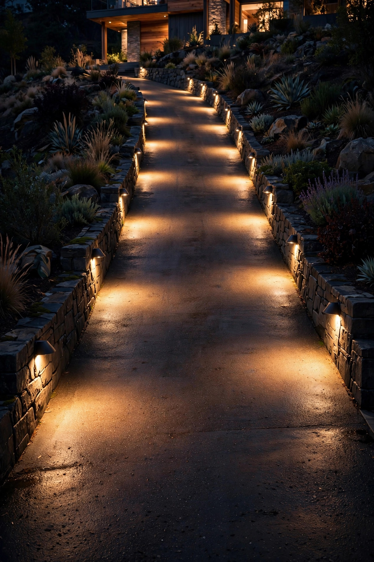 Shielded downward-aimed driveway lights on a steep slope, showing warm light on the pavement with no visible glare