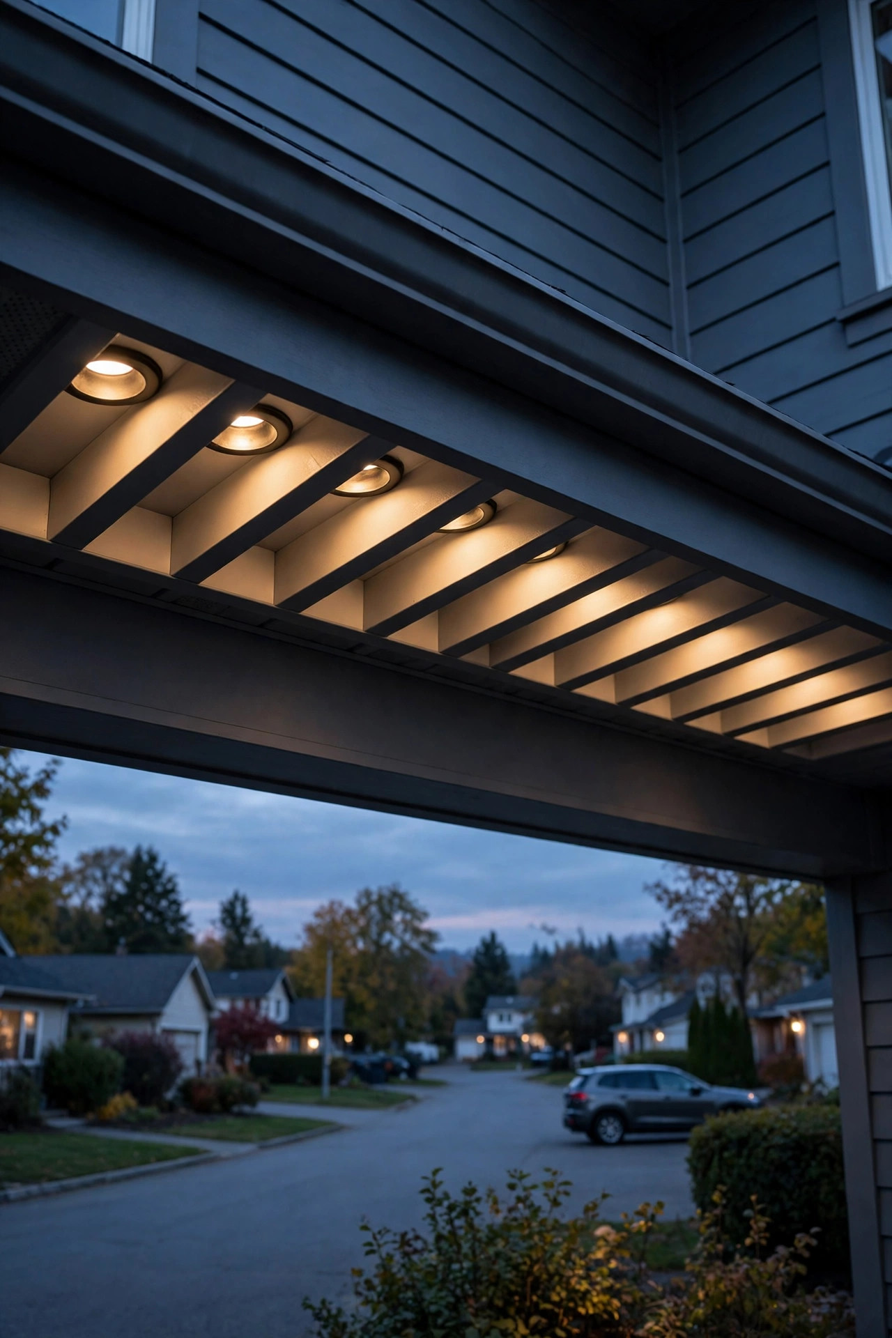 Deep baffled soffit downlight trims glowing softly with no visible glare on a quiet suburban street