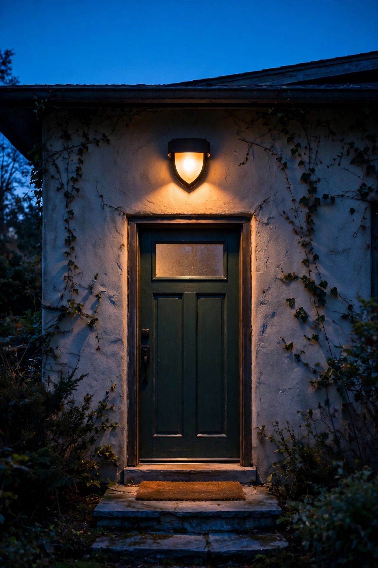 Shielded cut-off wall light above a back door at dusk casting a clean downward pool of warm light on the threshold
