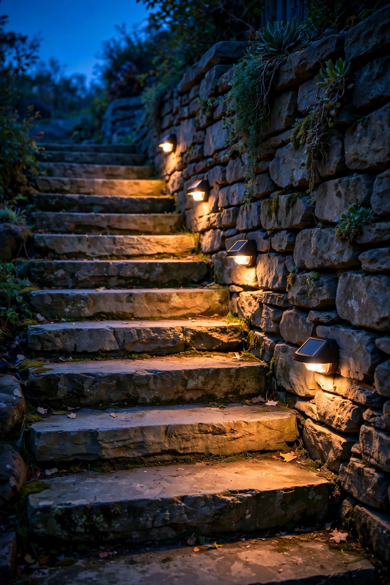 Small solar wall lights mounted beside a narrow stone staircase, raking warm light across each tread at dusk