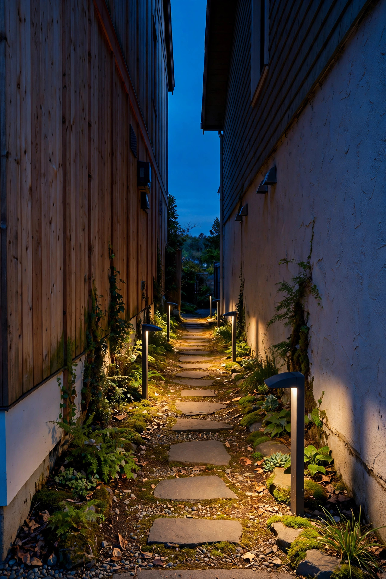 Narrow side yard passage between two close houses lit by low shielded bollards aimed down at stepping stones