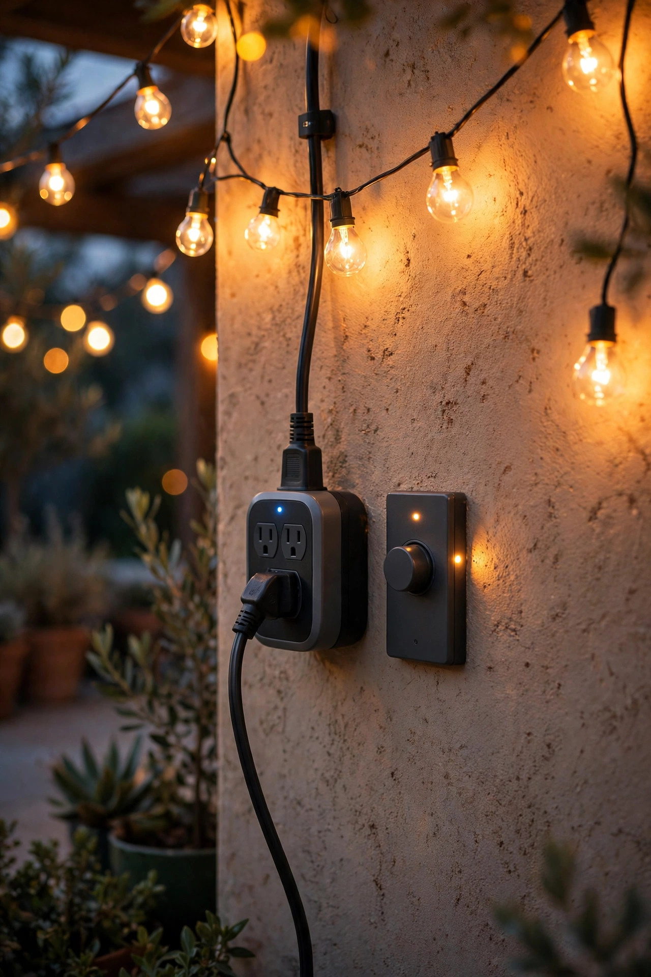 Outdoor smart plug and dimmer controlling warm patio string lights at dusk