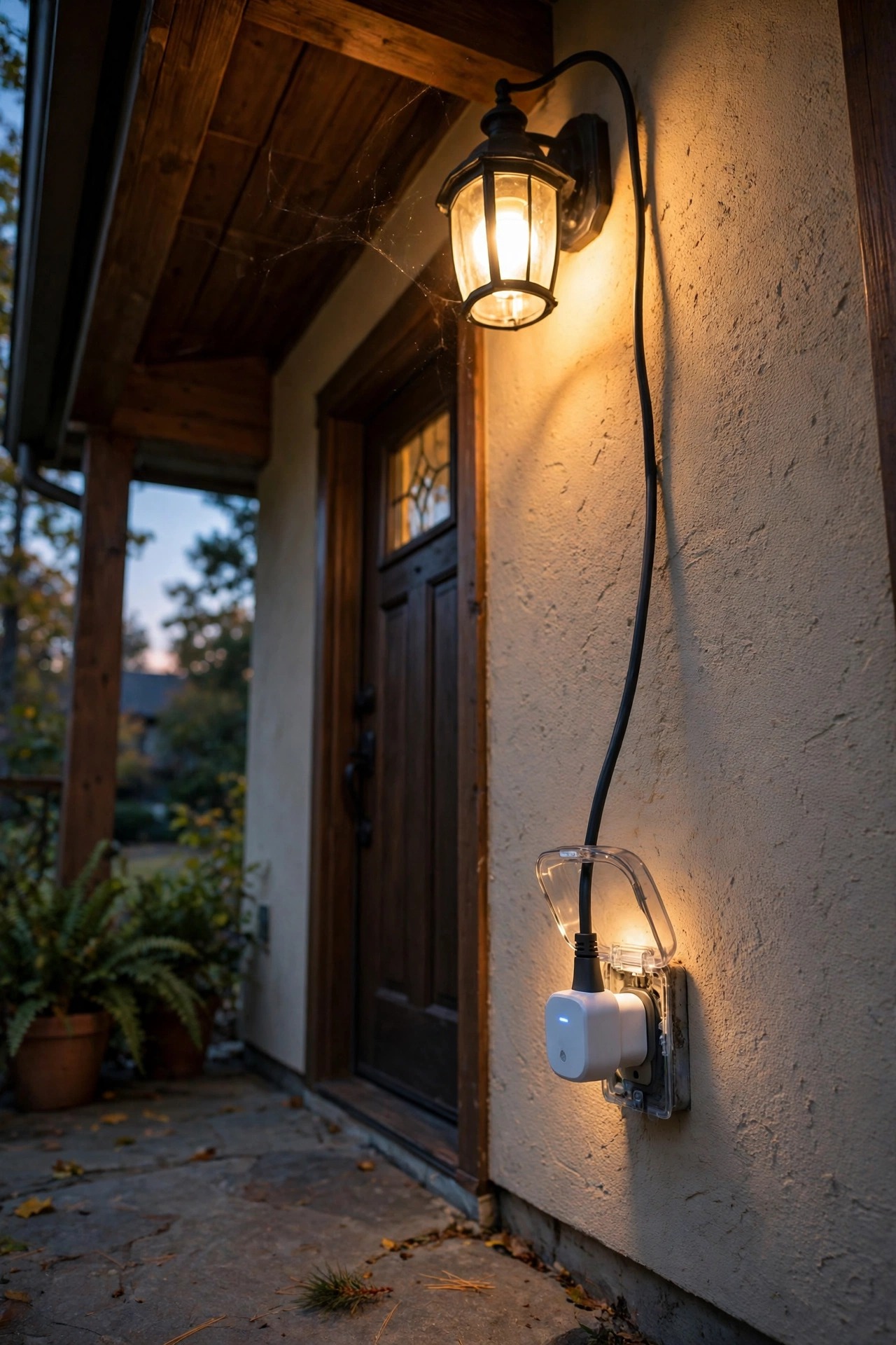 Outdoor smart plug installed at a covered porch outlet controlling the entry lighting