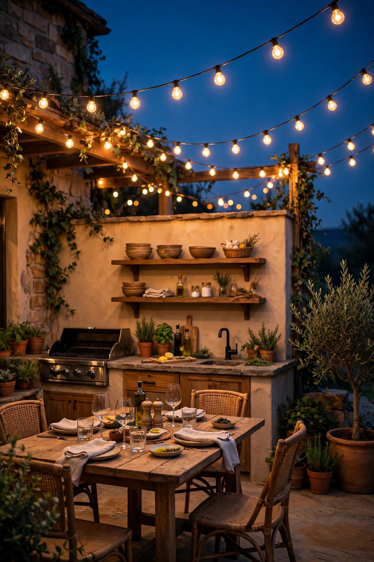 Warm string lights glowing in gentle swags above an outdoor kitchen dining area at dusk, plugged into an outdoor smart plug
