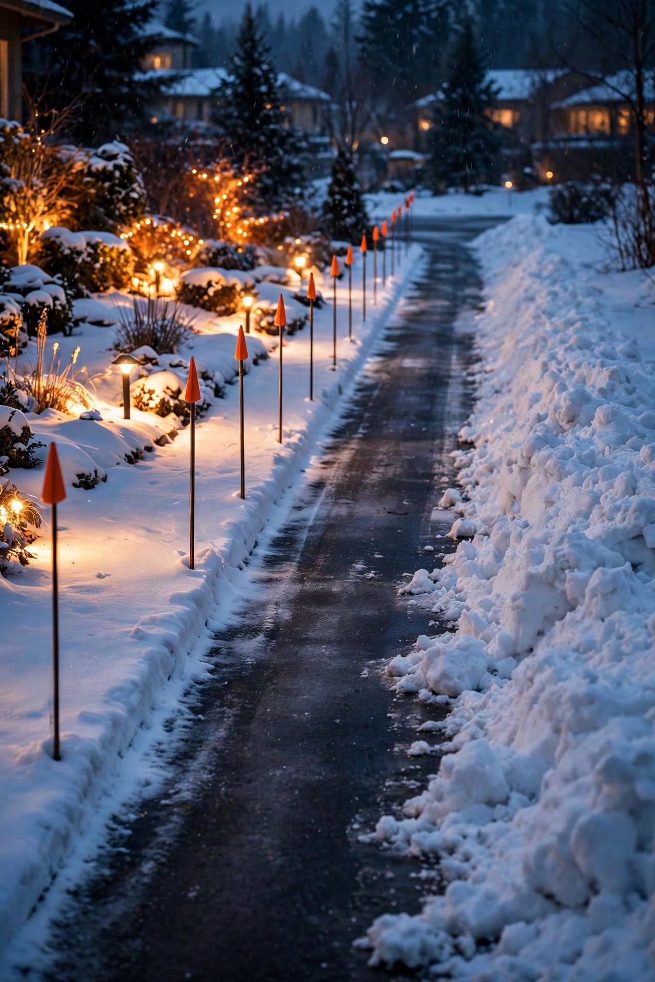 Winter driveway at dusk with warm lights set well back in the snow-covered bed and tall flexible orange-tipped marker rods along the edge, plowed snow banked neatly to one side