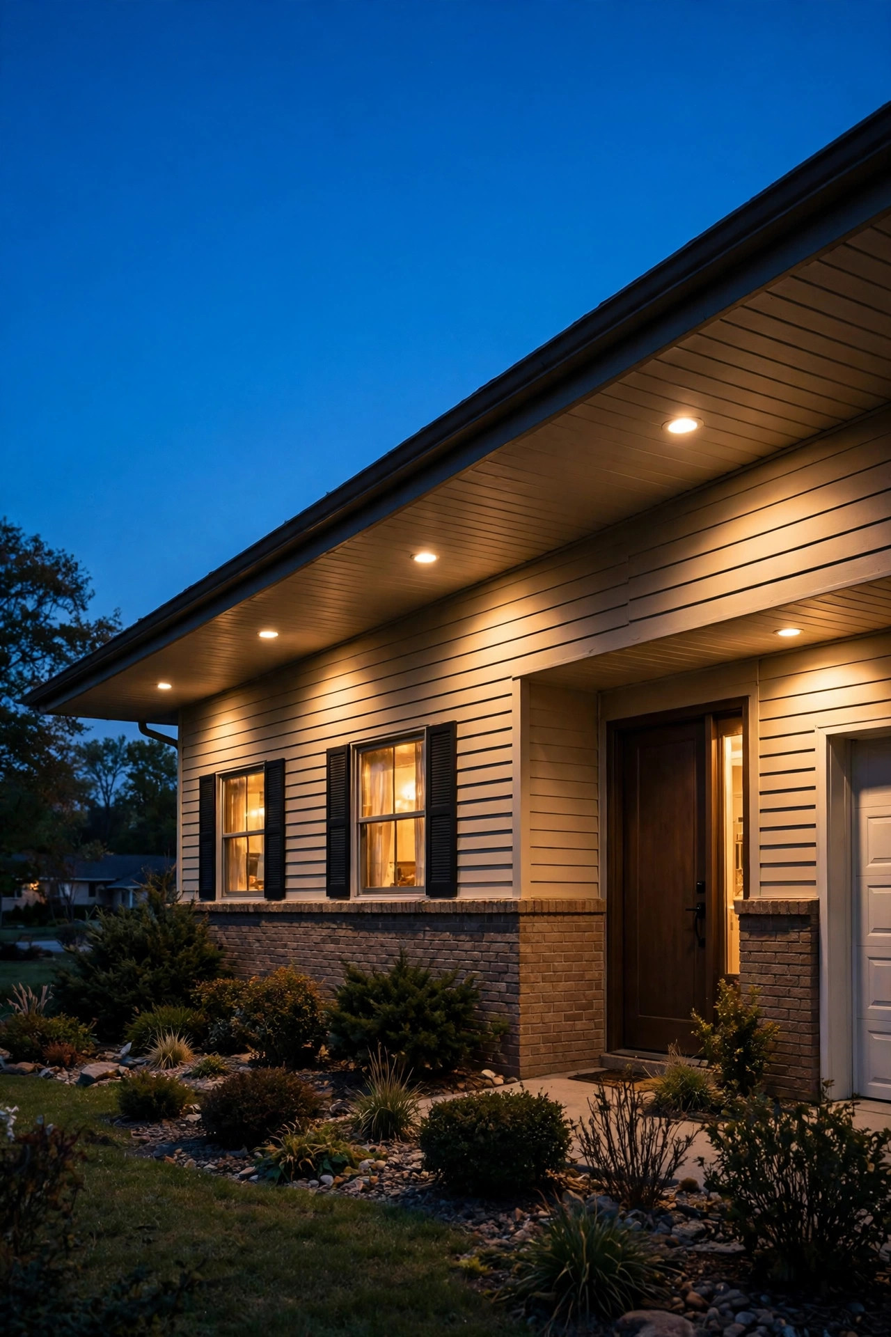 Recessed soffit downlights casting warm pools of light along a ranch home's low eaves