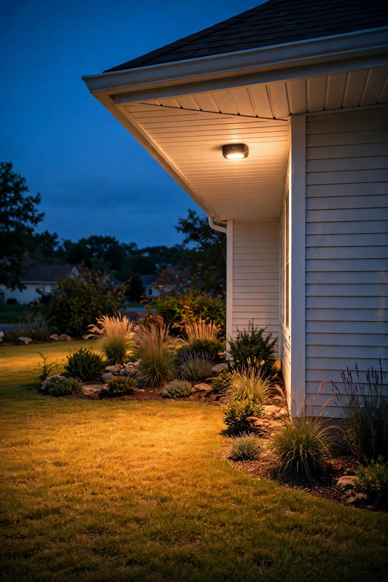 low-profile smart flood light tucked into a white soffit under the eave of a suburban home, wide warm pool of light spreading across the front yard at dusk
