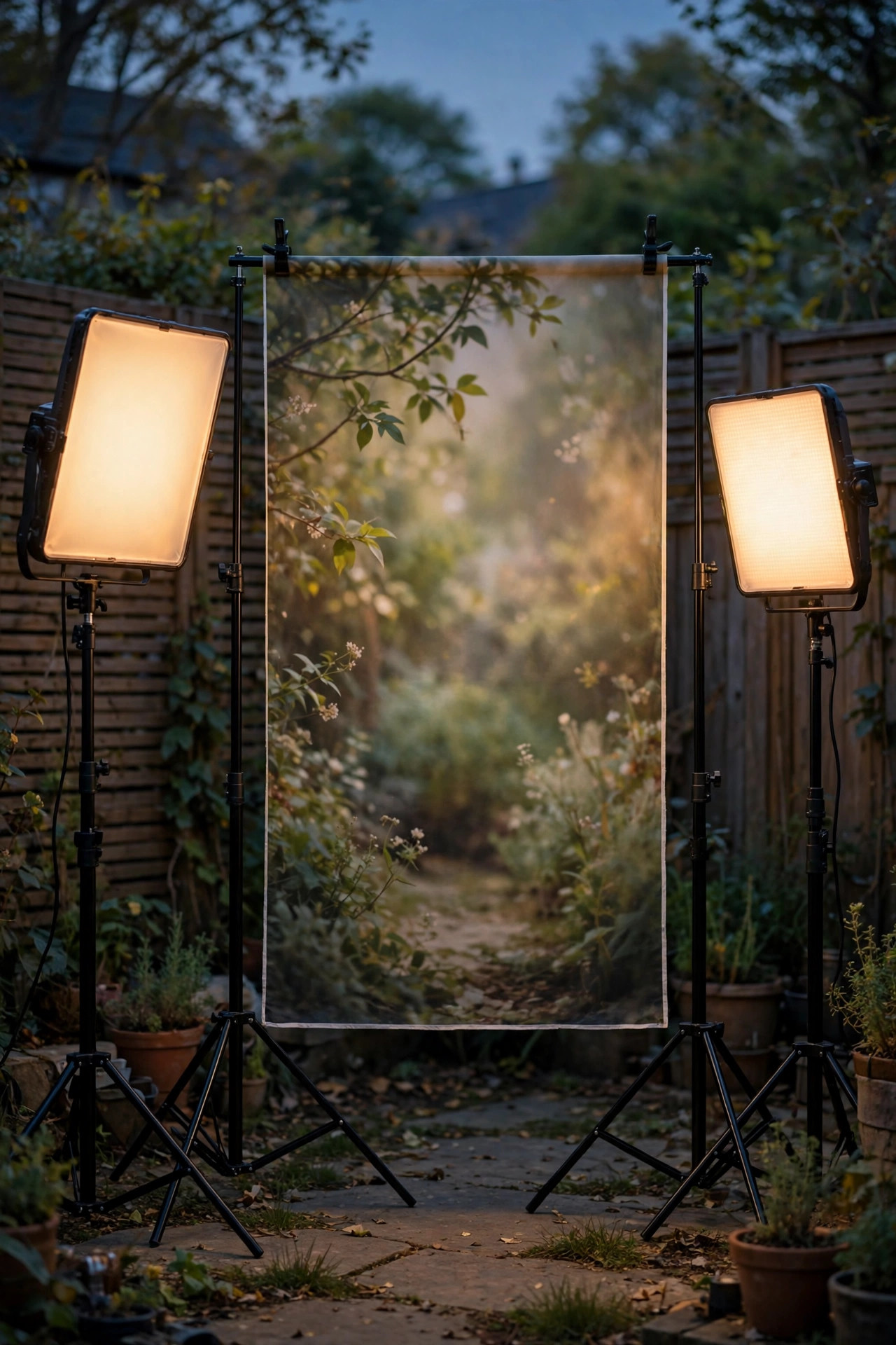 Two diffused LED panel lights on stands flanking a backyard photo backdrop