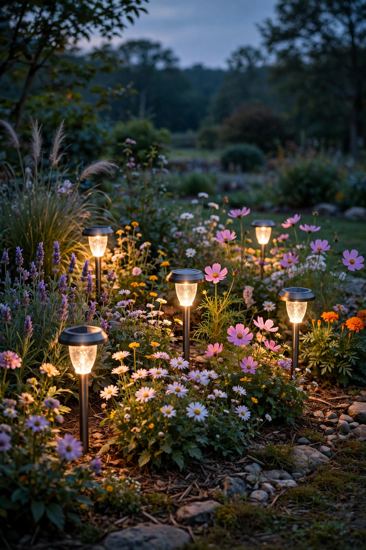 Solar accent stake lights glowing softly among flowers in a garden bed far from the house at dusk