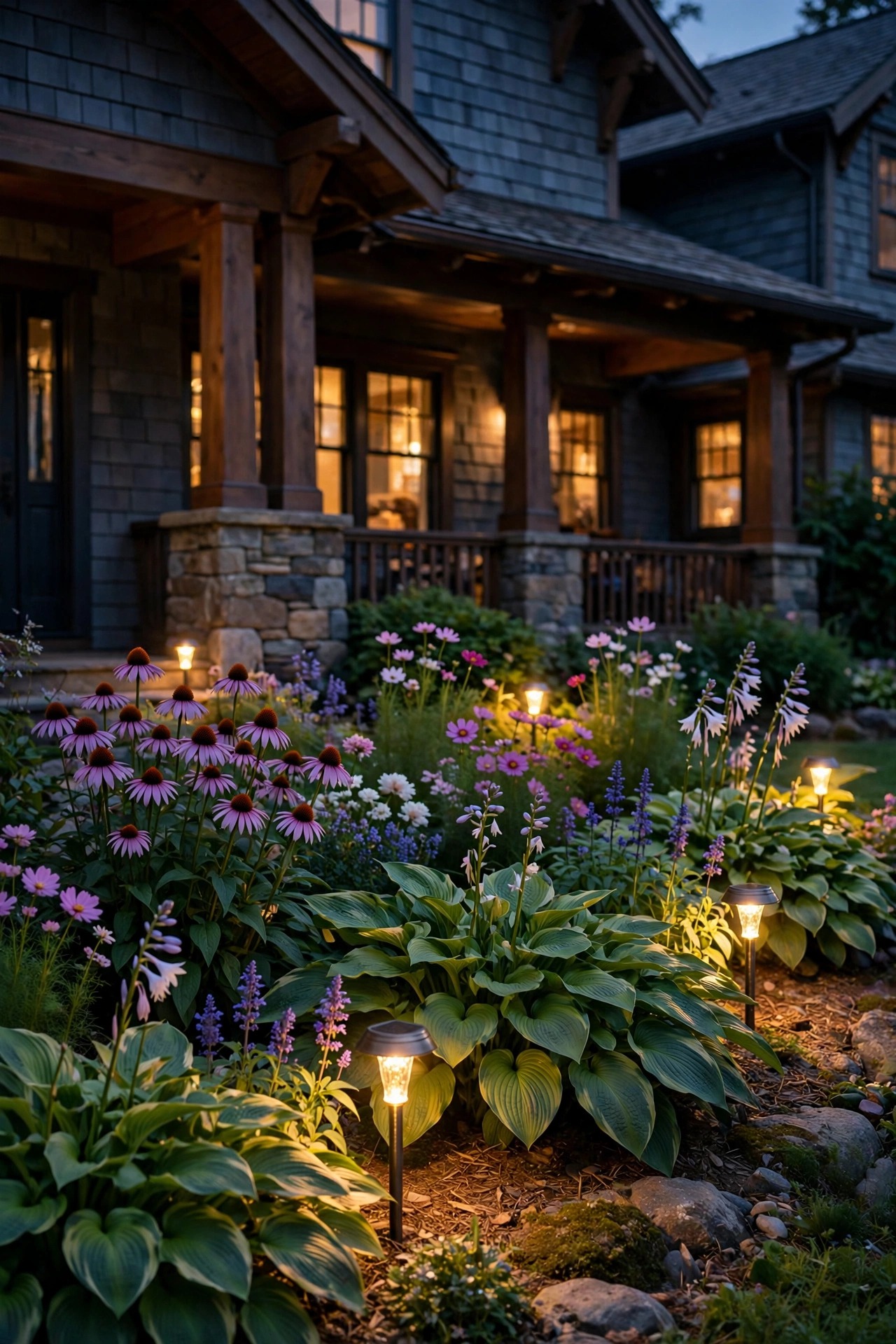 Warm solar stake lights tucked into a flower bed of hostas and blooming perennials in front of a craftsman home at dusk