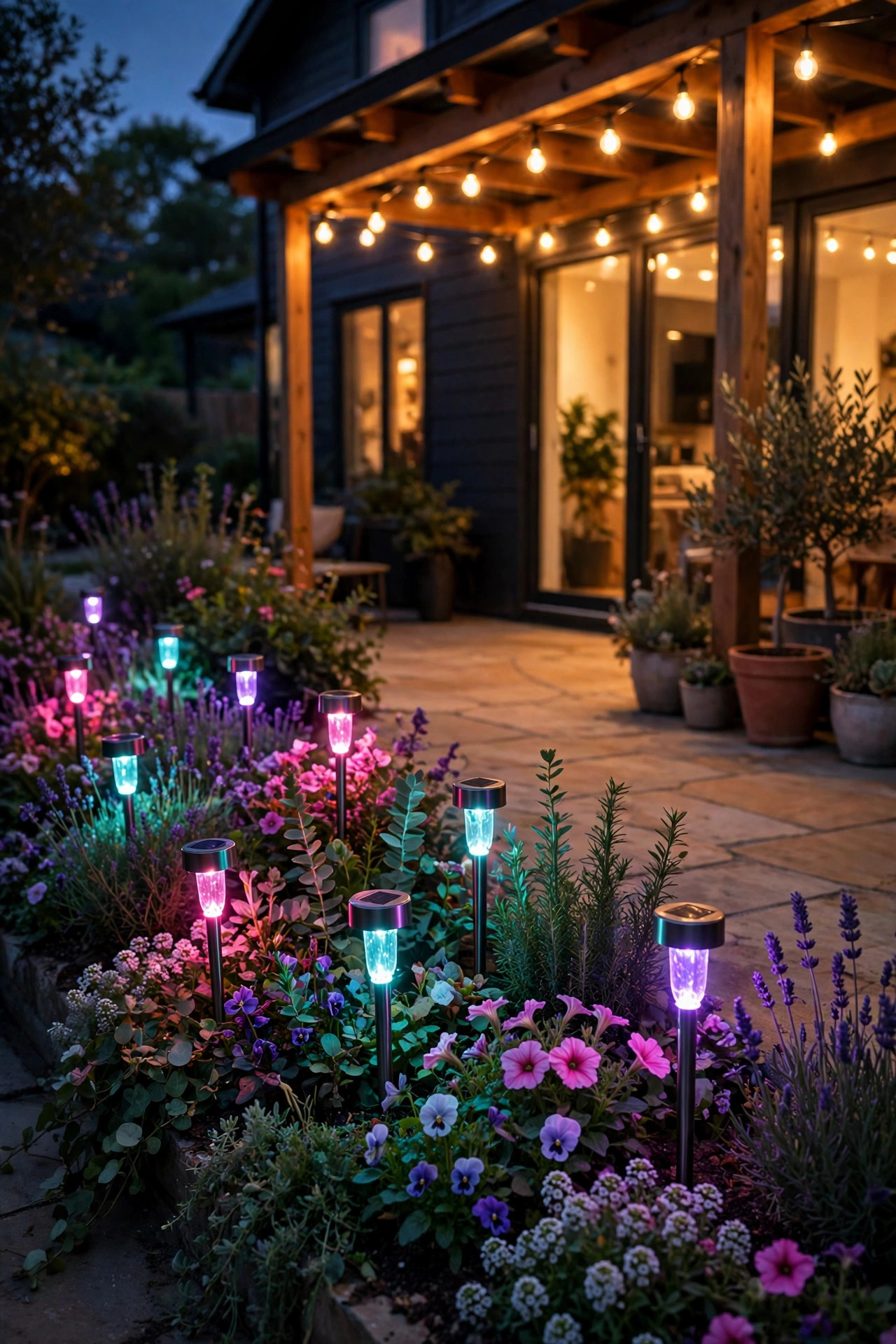 Solar stake lights glowing pink, teal, and violet through flower beds beside a patio at night