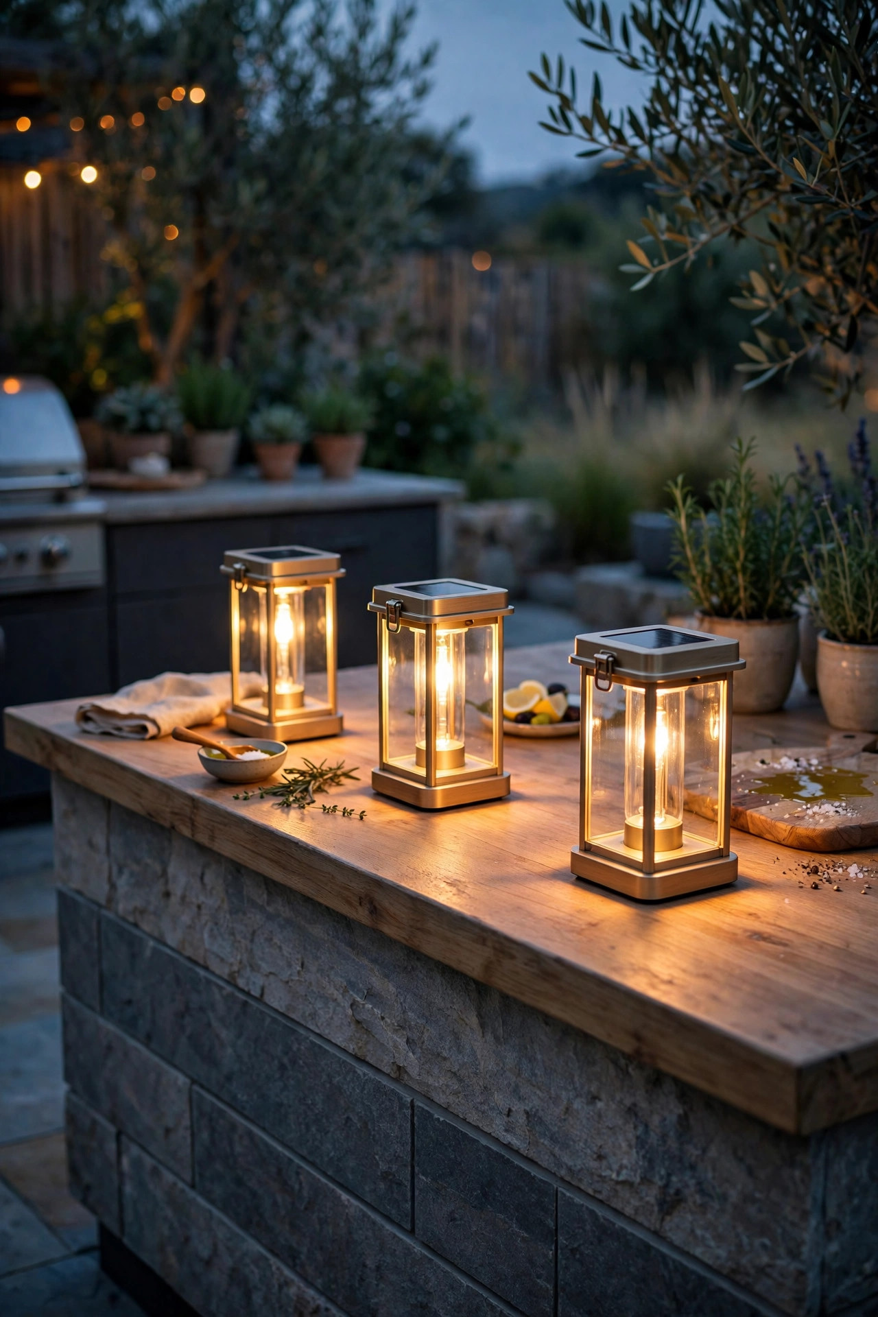 Three small solar table lamps glowing warmly along the serving side of an outdoor kitchen island