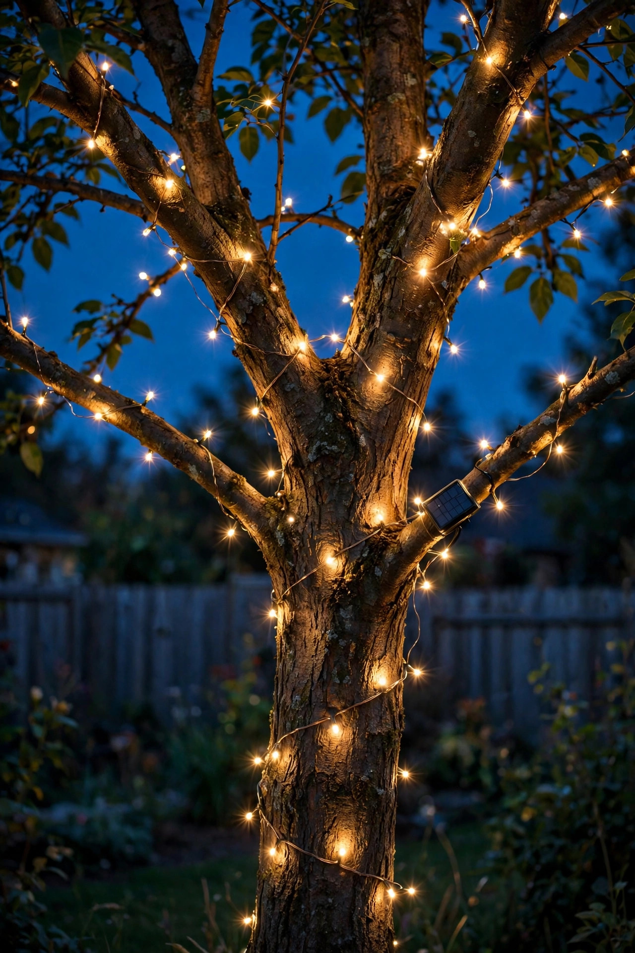 Solar fairy lights wrapped around a backyard tree trunk and branches, sparkling warm against the deep blue evening sky