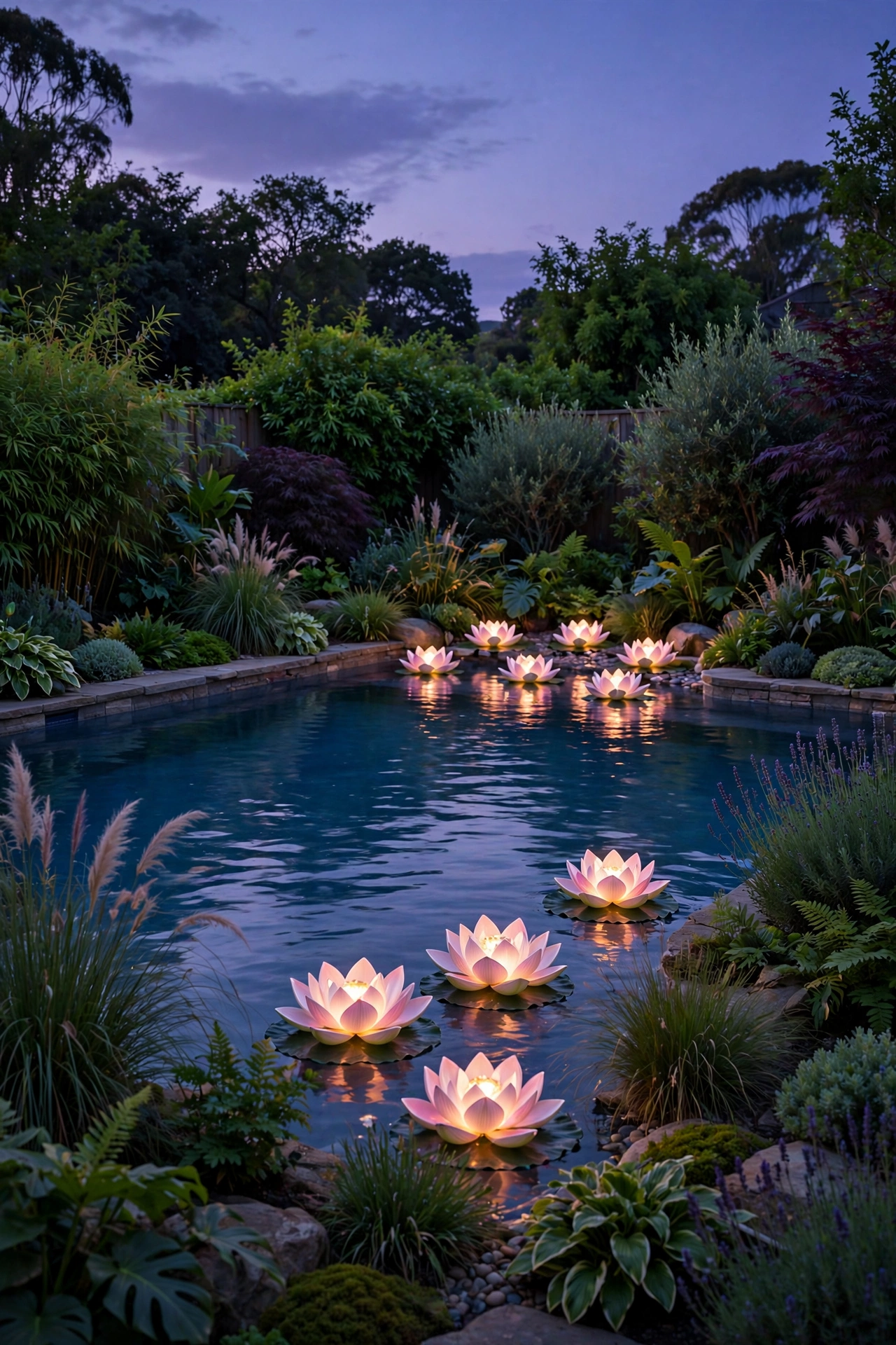 Solar floating lotus flower lights glowing softly on a pool at twilight