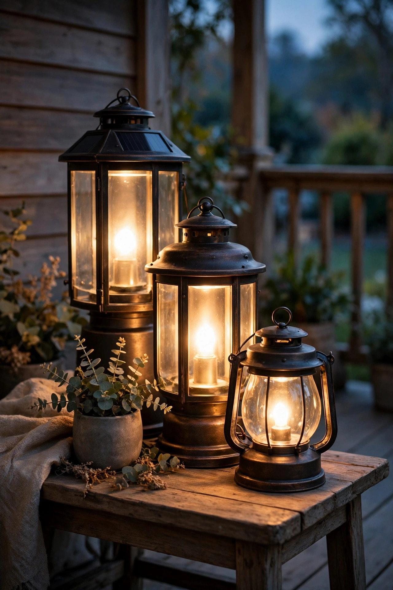 Cluster of three solar lanterns in varied heights glowing on a porch side table