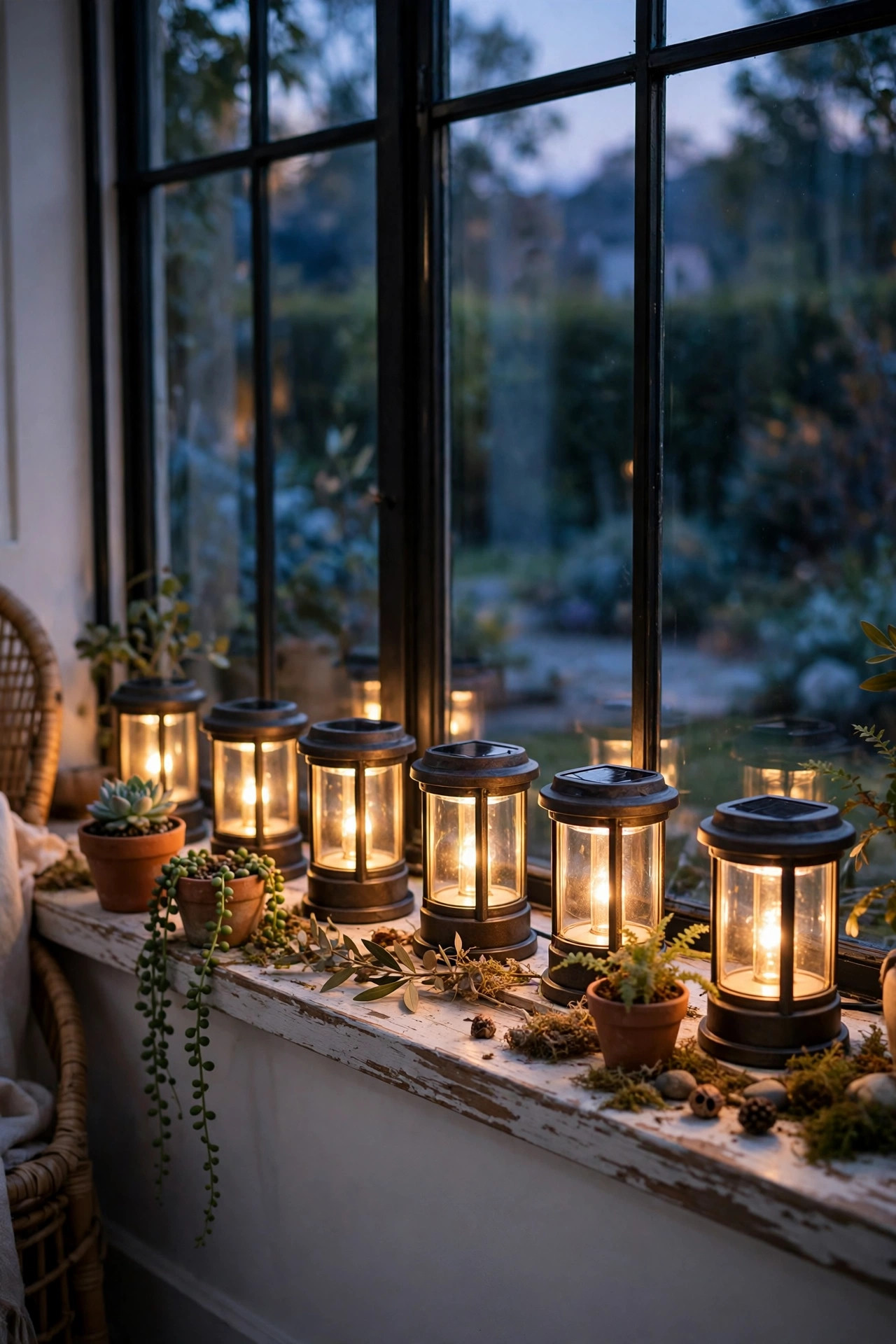 Small solar lanterns glowing in a row along a sunroom windowsill at dusk