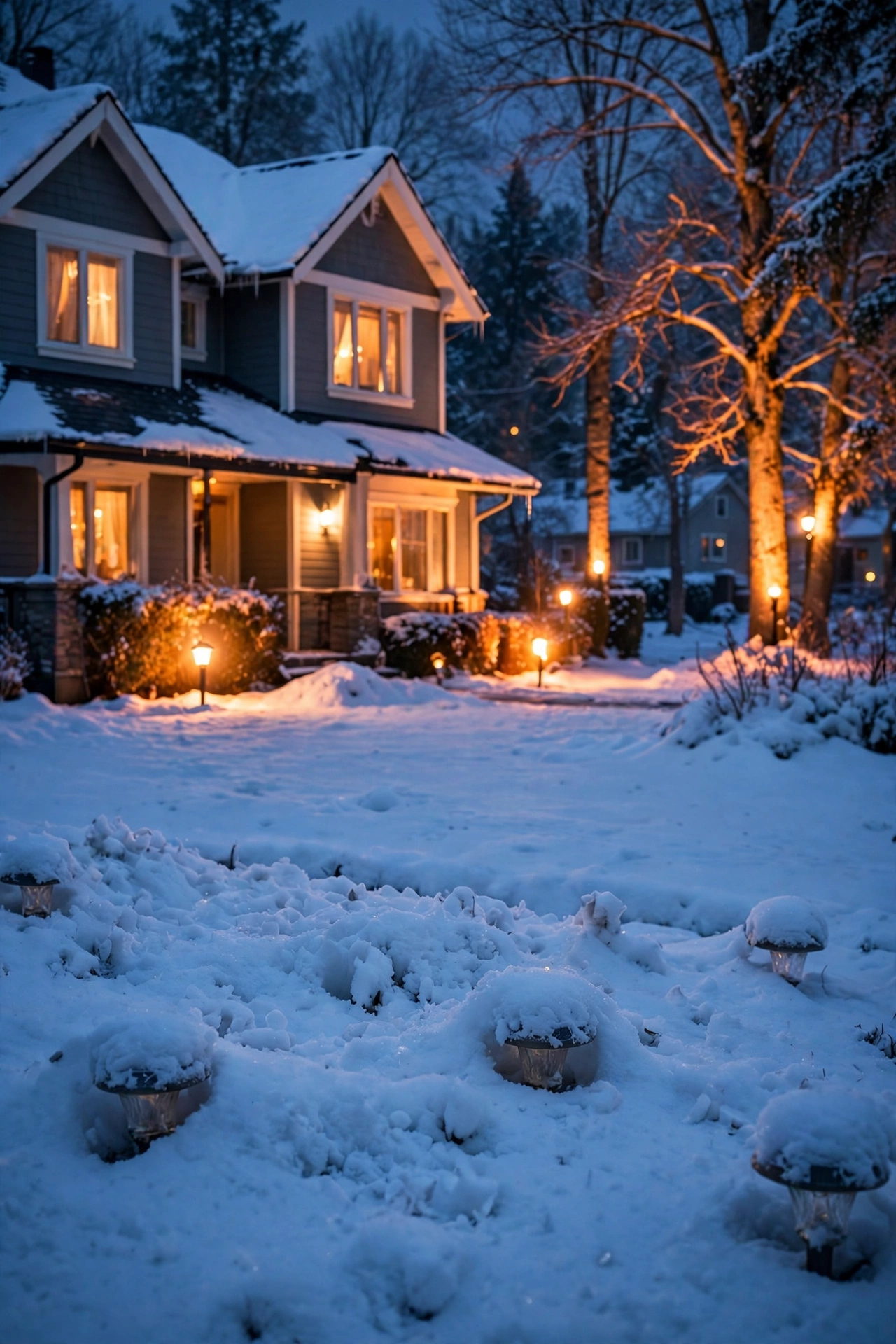 Snow-covered suburban front yard at dusk with solar path lights buried under snow while wired fixtures glow brightly nearby