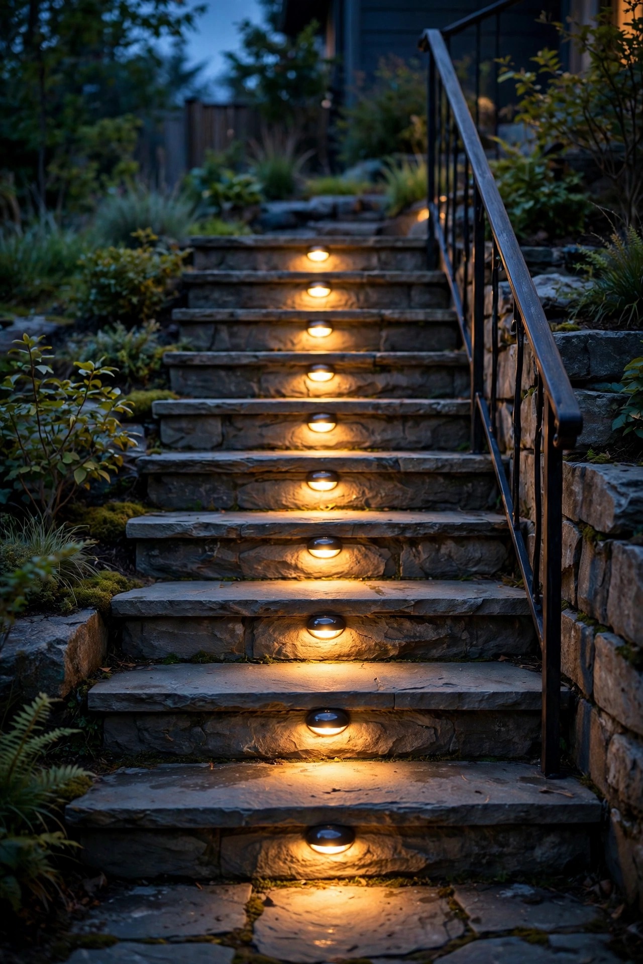 Solar step lights glowing on outdoor stairs at dusk, marking each tread for safe footing