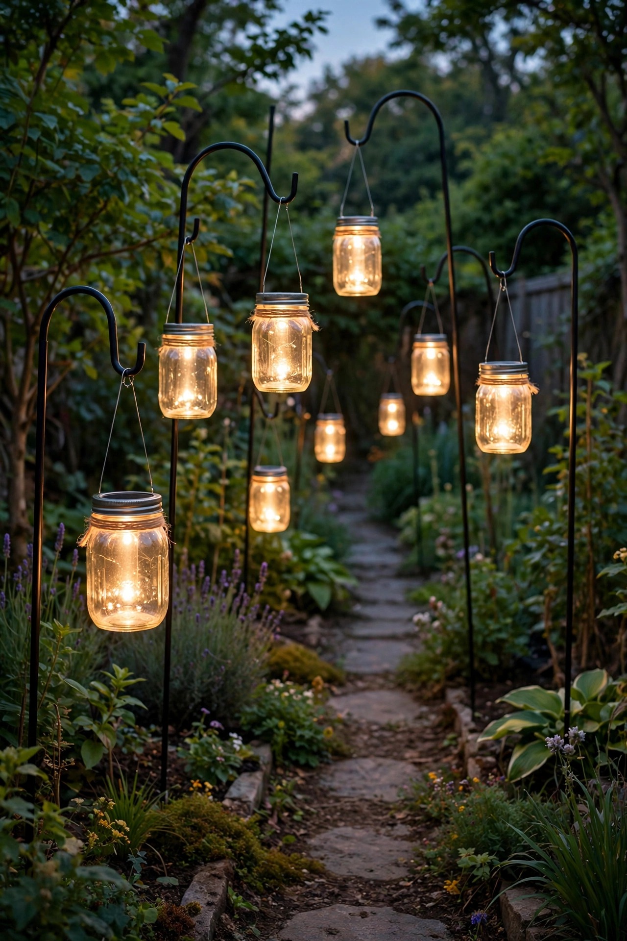 Solar mason jar lights hanging from shepherd hooks along a backyard garden path at dusk