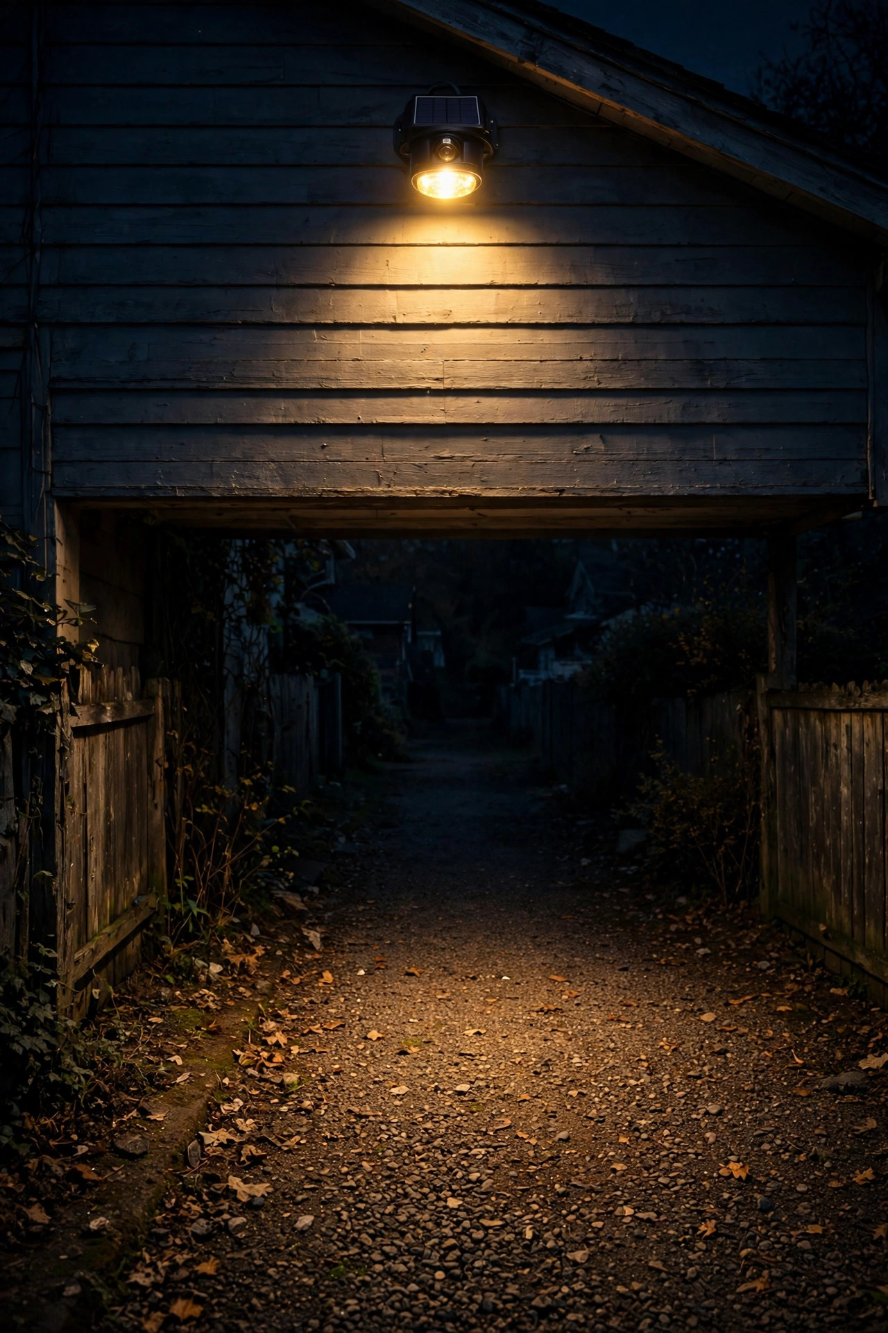 Solar motion sensor light mounted high on the alley-facing wall of a detached garage illuminating the gravel alley