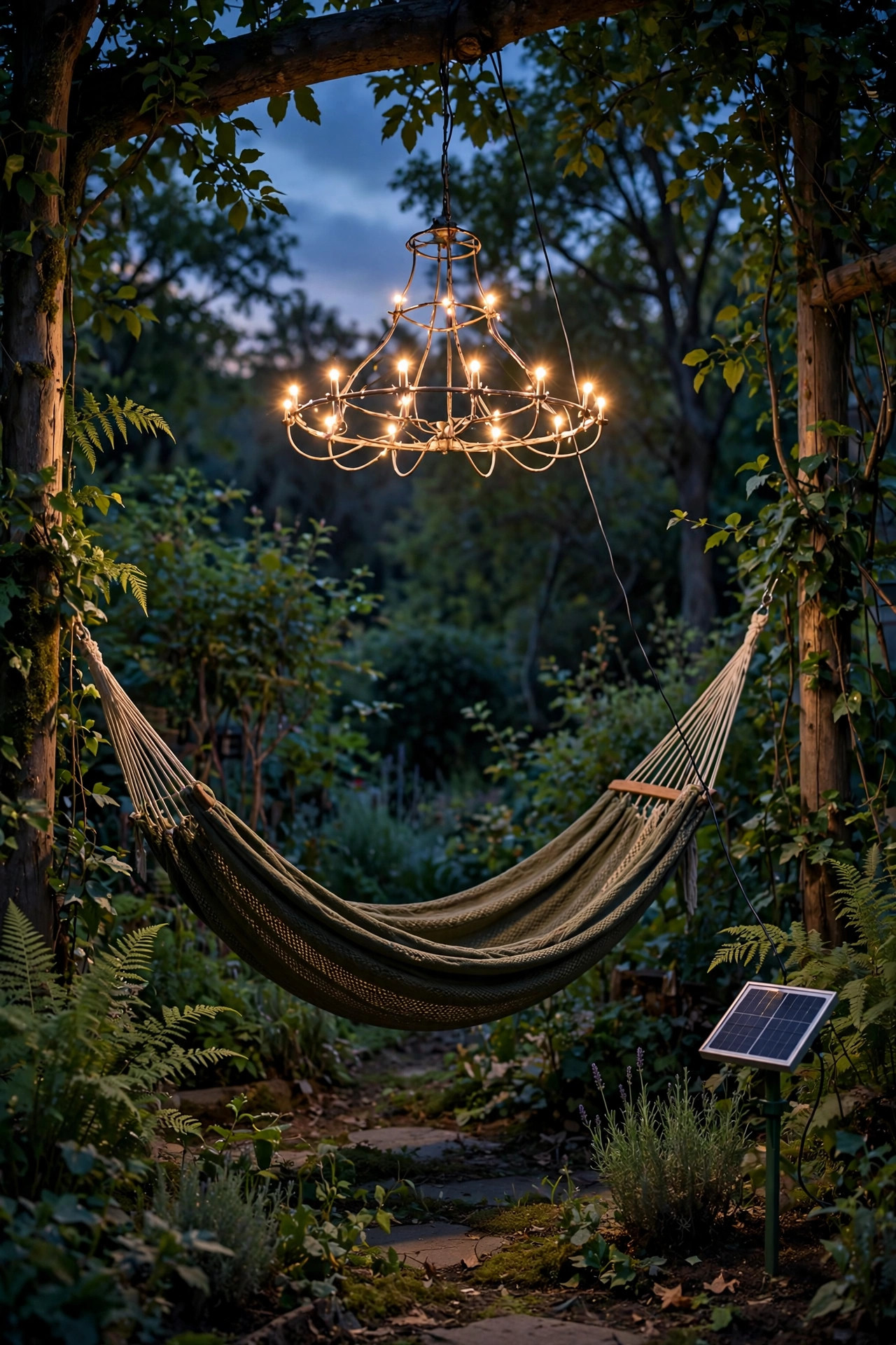 Solar-powered outdoor chandelier glowing above a hammock in a garden at dusk