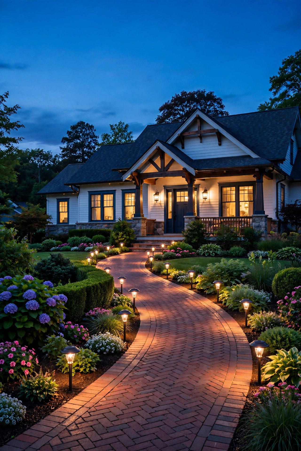 Solar path lights glowing along a walkway leading to a front porch