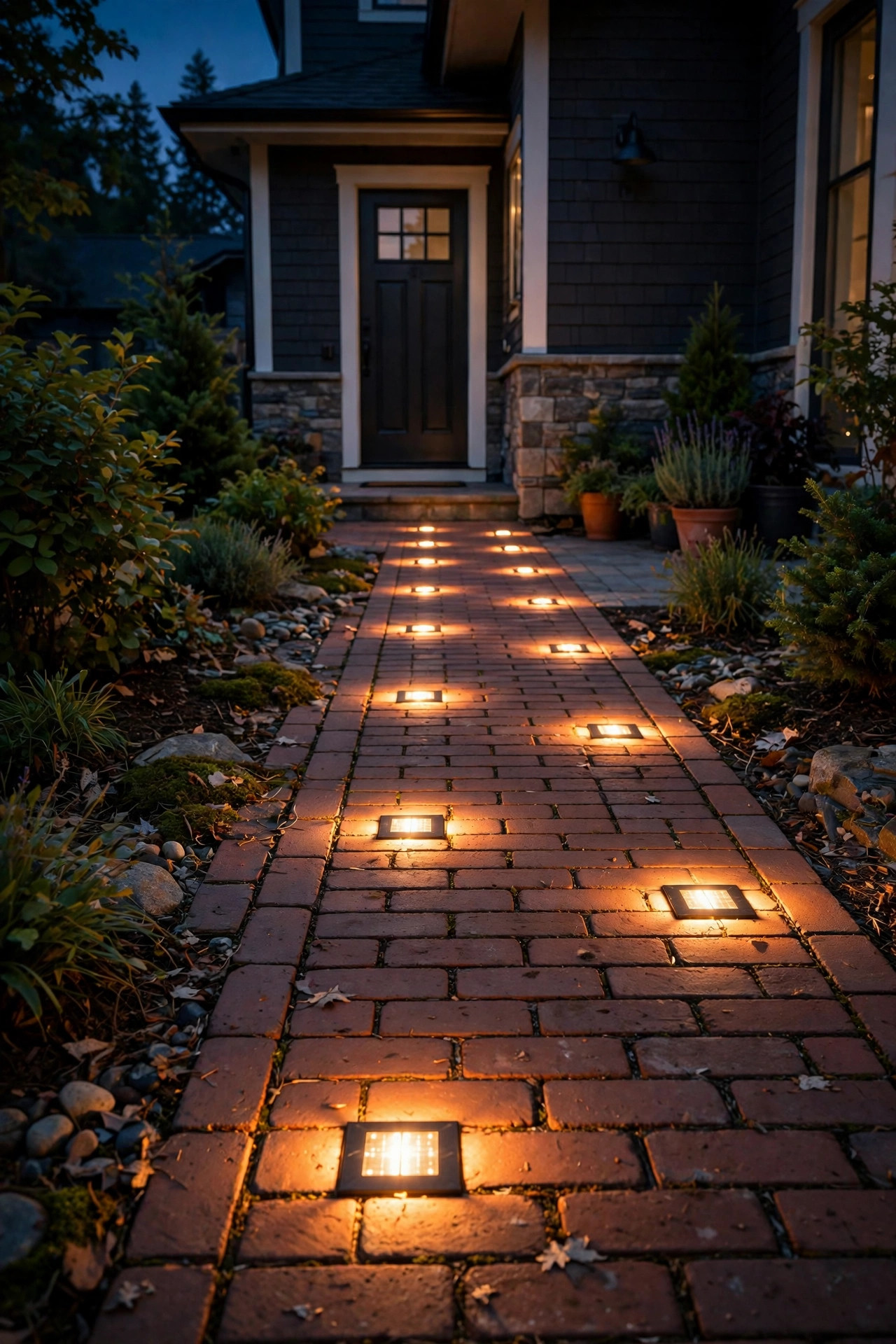 Solar brick paver lights glowing flush within a brick walkway at night