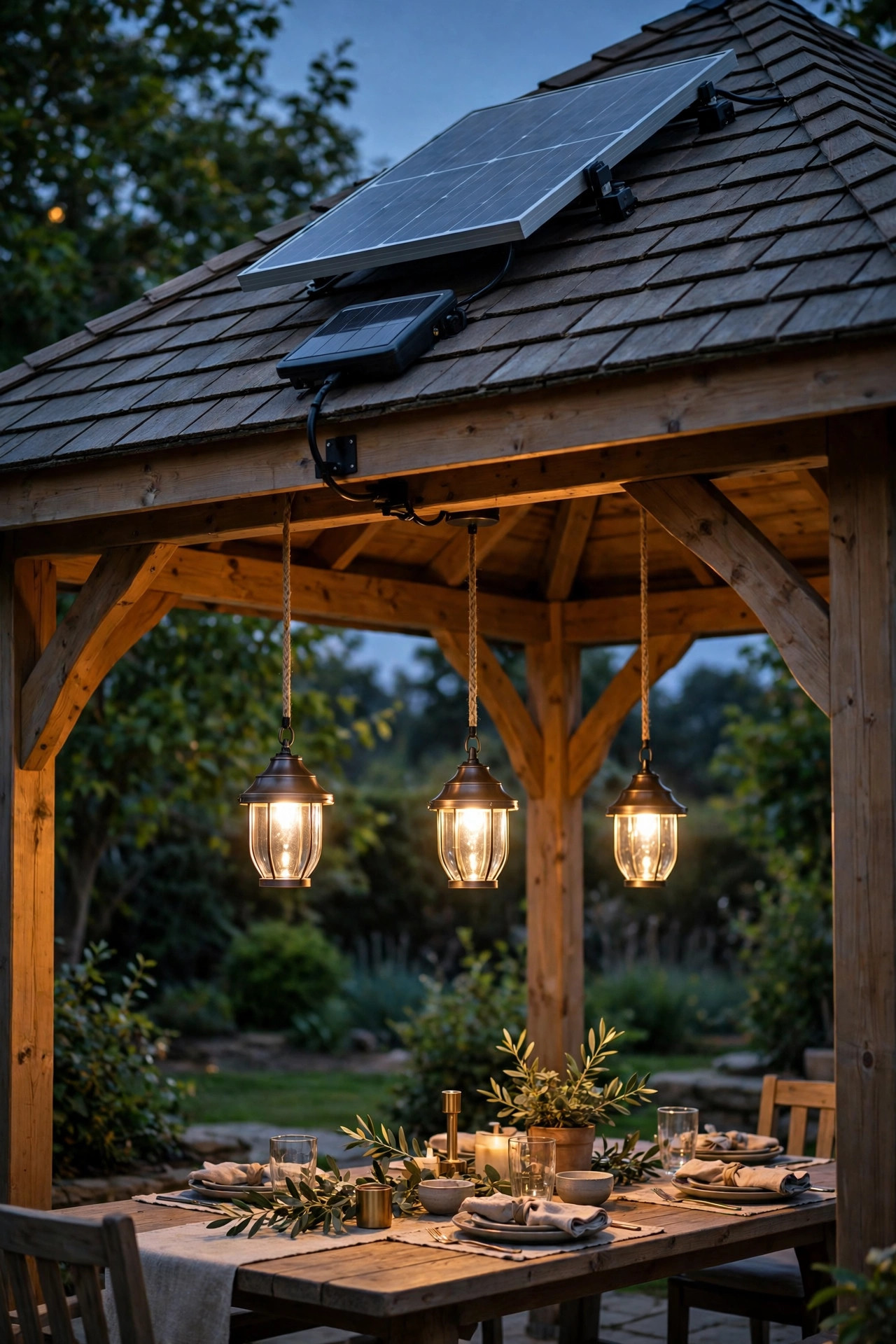 Solar pendant lights with a roof-mounted remote panel hanging over a gazebo dining table