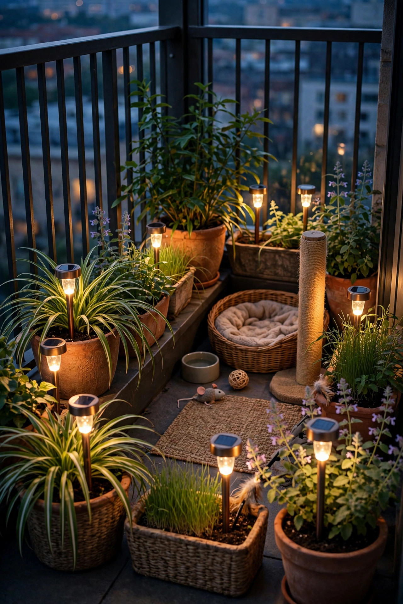 Short solar stake lights glowing in lush cat-safe planters around the edge of a balcony pet corner at dusk