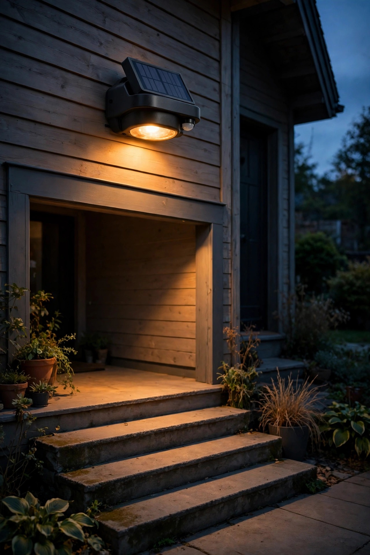 Solar motion sensor porch light with a small panel glowing warmly over porch steps at dusk
