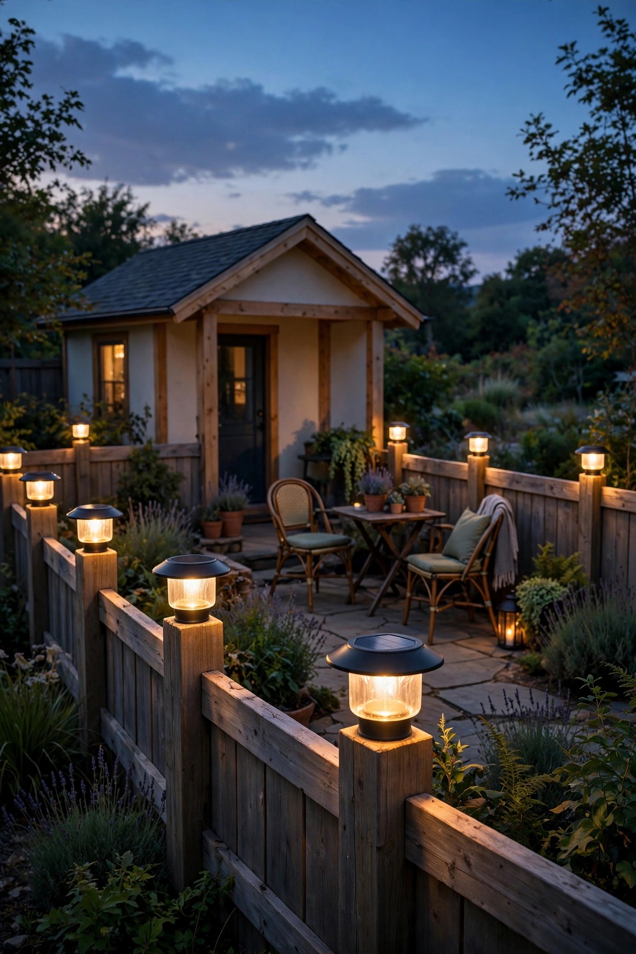 Solar post cap lights glowing on the fence posts around a small guest house patio at dusk