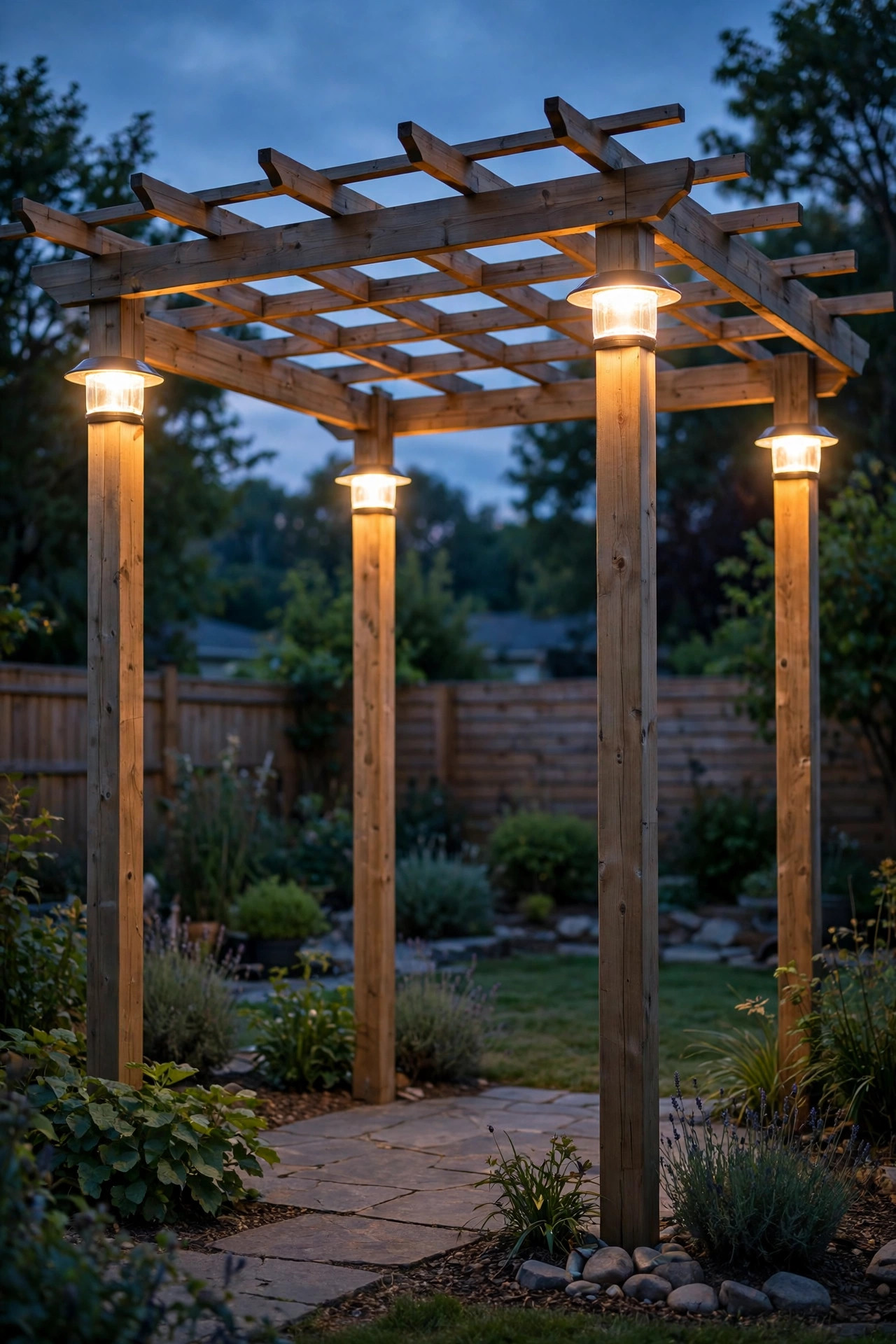 Solar post cap lights glowing on the four corner posts of a freestanding pergola outlining its shape in the evening yard