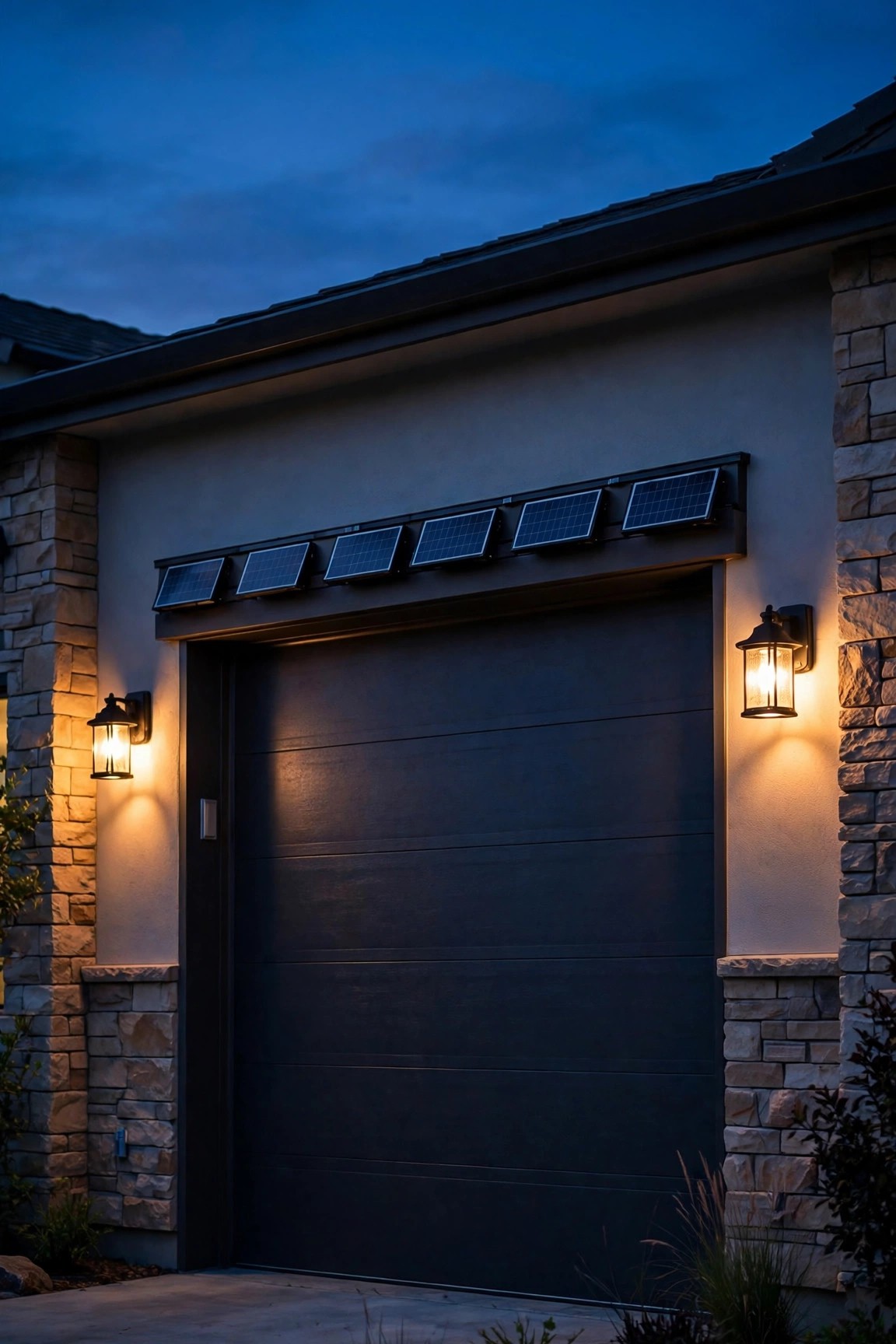 Warm solar-powered sconces glowing on either side of a garage door with small solar panels on the trim