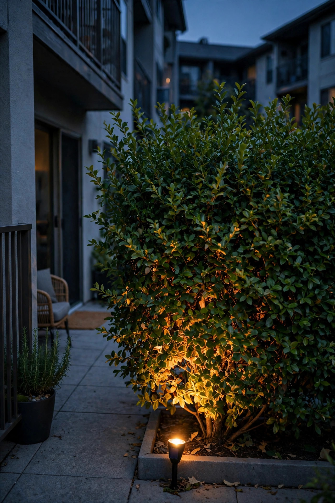 Solar spotlight uplighting a leafy privacy shrub beside an apartment patio at dusk