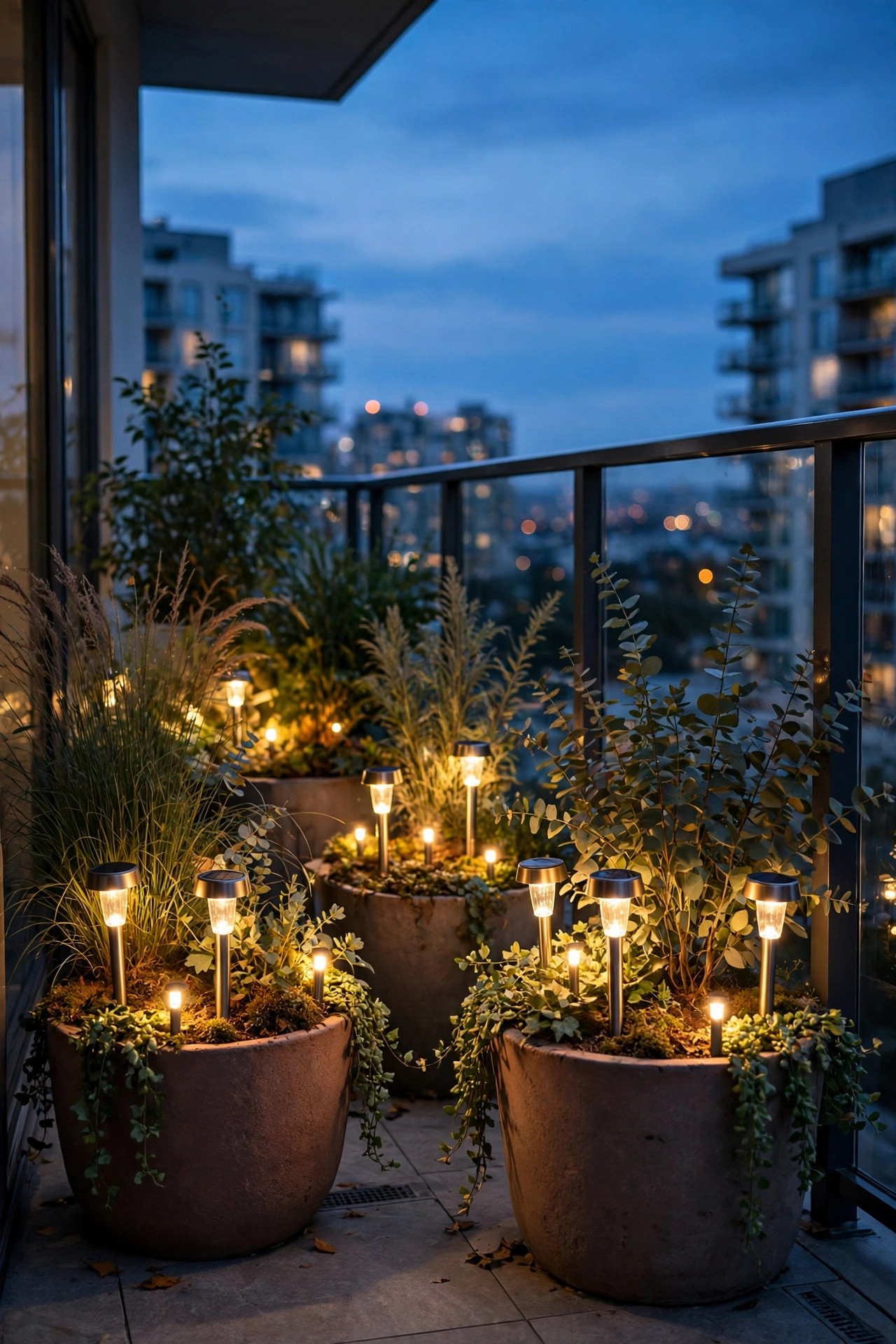 Short solar stake lights glowing in large planters on a condo balcony floor at dusk