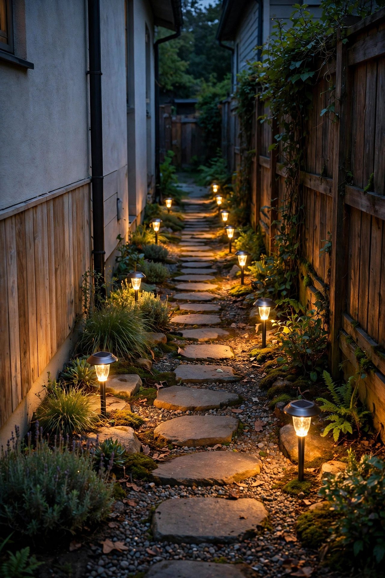 Solar stake lights glowing warm along stepping stones in a narrow side yard