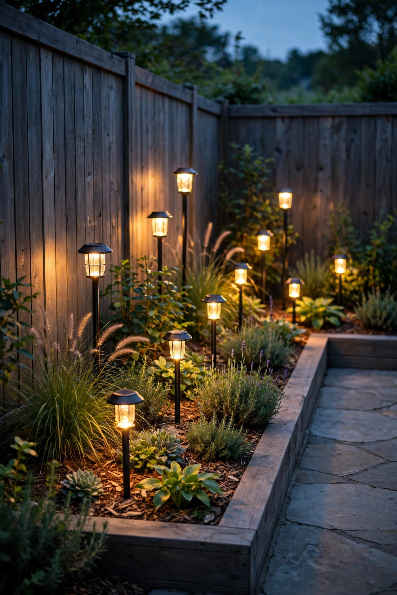Solar stake lights glowing at varied heights among plants in the corner bed of an L-shaped patio at dusk