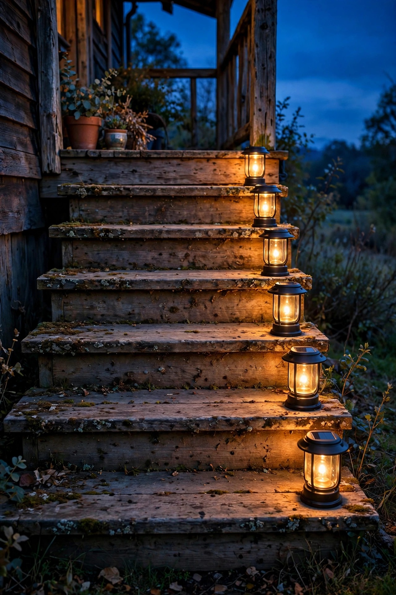 Warm solar lanterns placed on rustic wooden porch steps showing each tread edge at night