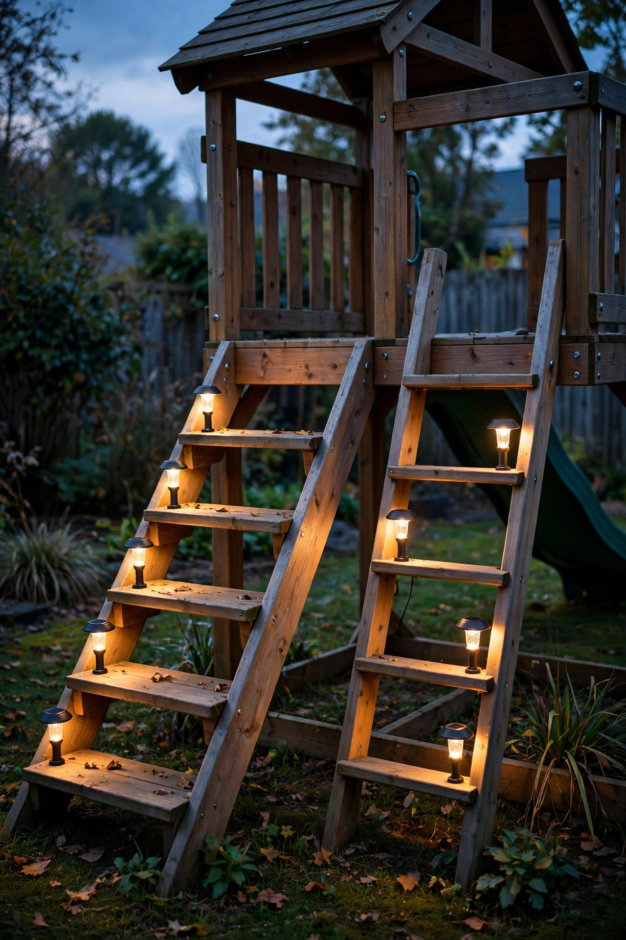 Small solar step lights glowing on the stairs and ladder of a wooden playset at dusk